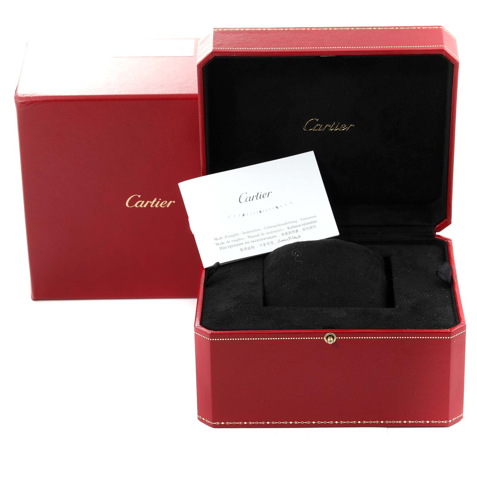 The image shows the packaging and paperwork of the Cartier Tank Francaise W51005Q4 Men's Steel and Gold (two tone) Silver Dial W51005Q4 Men's Steel and Gold (two tone) Silver Dial watch, including a red box and a booklet.