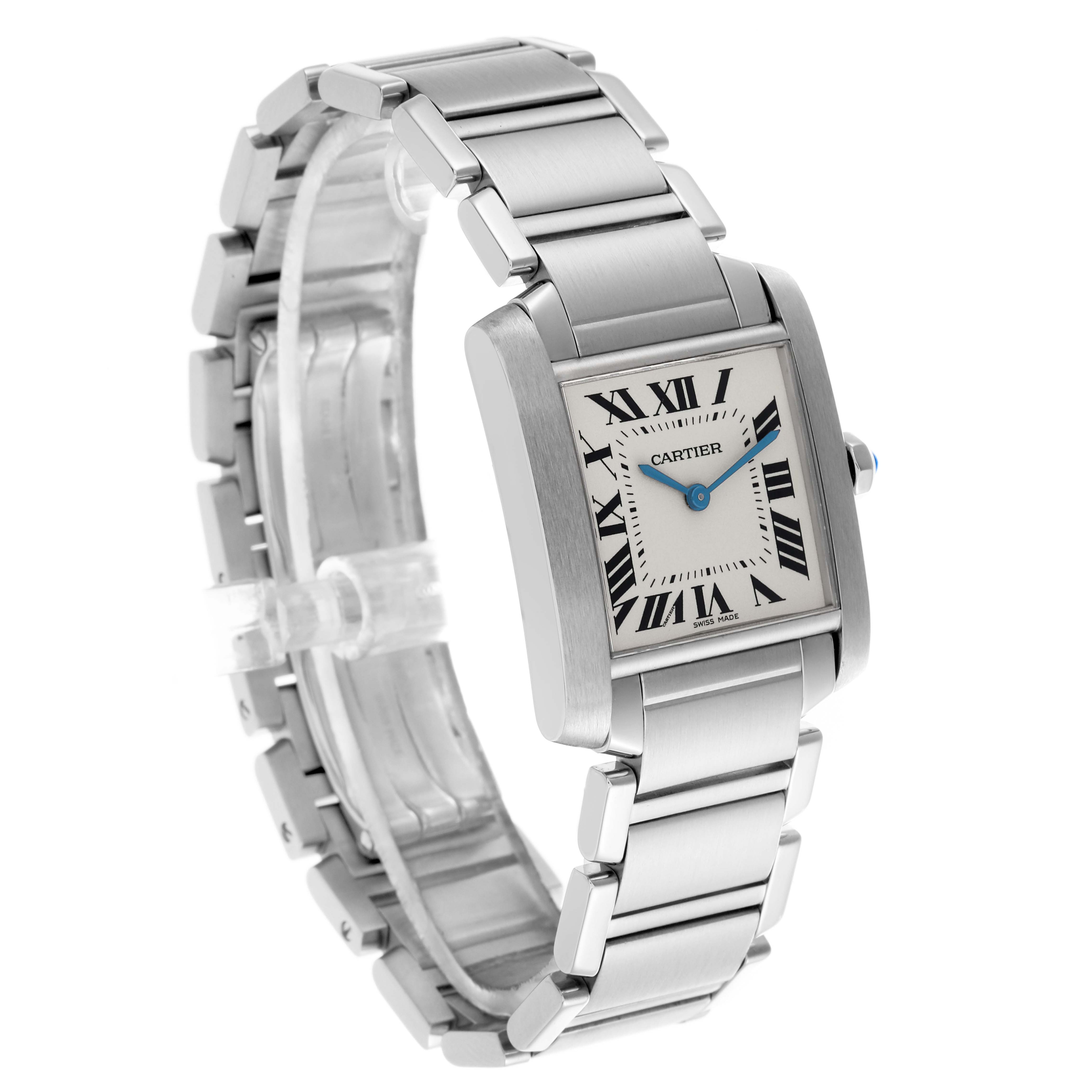 The Cartier Tank Francaise WSTA0005 Women's Stainless Steel Silver Dial WSTA0005 Women's Stainless Steel Silver Dial watch is shown at an angle highlighting the face, bezel, and metal bracelet.