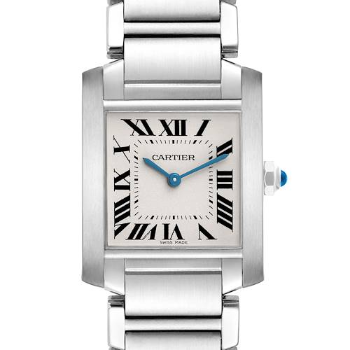 The Cartier Tank Française watch is shown from the front, displaying its dial with Roman numerals and part of the bracelet.