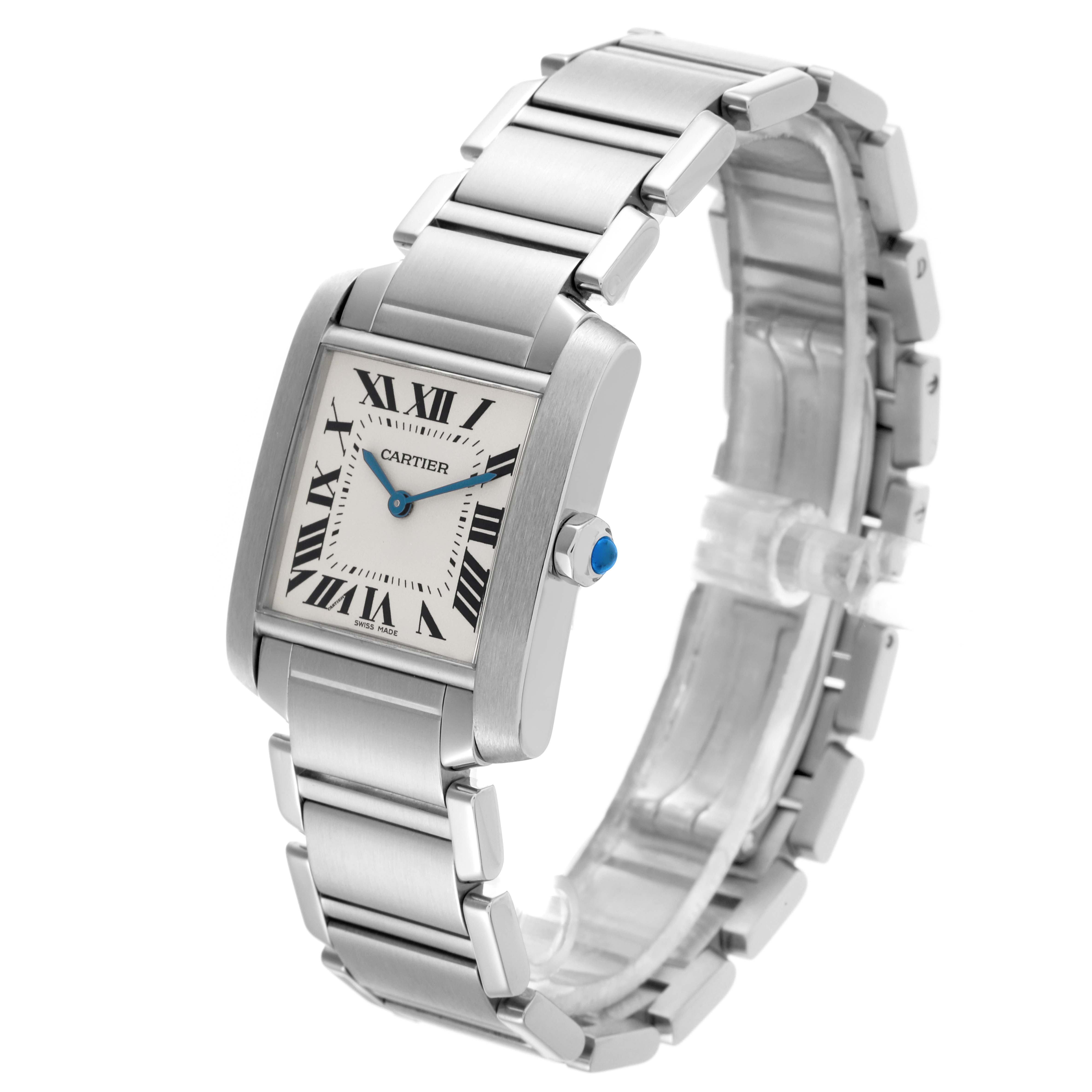 The Cartier Tank Francaise WSTA0005 Women's Stainless Steel Silver Dial WSTA0005 Women's Stainless Steel Silver Dial watch is shown at an angled view, displaying the face, crown, and bracelet.