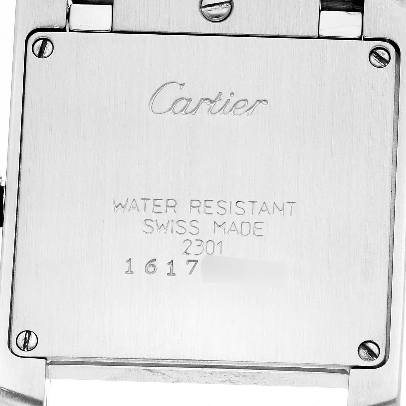 The image shows the back of the Cartier Tank Francaise WSTA0005 Women's Stainless Steel Silver Dial WSTA0005 Women's Stainless Steel Silver Dial watch, featuring branding and specifications.