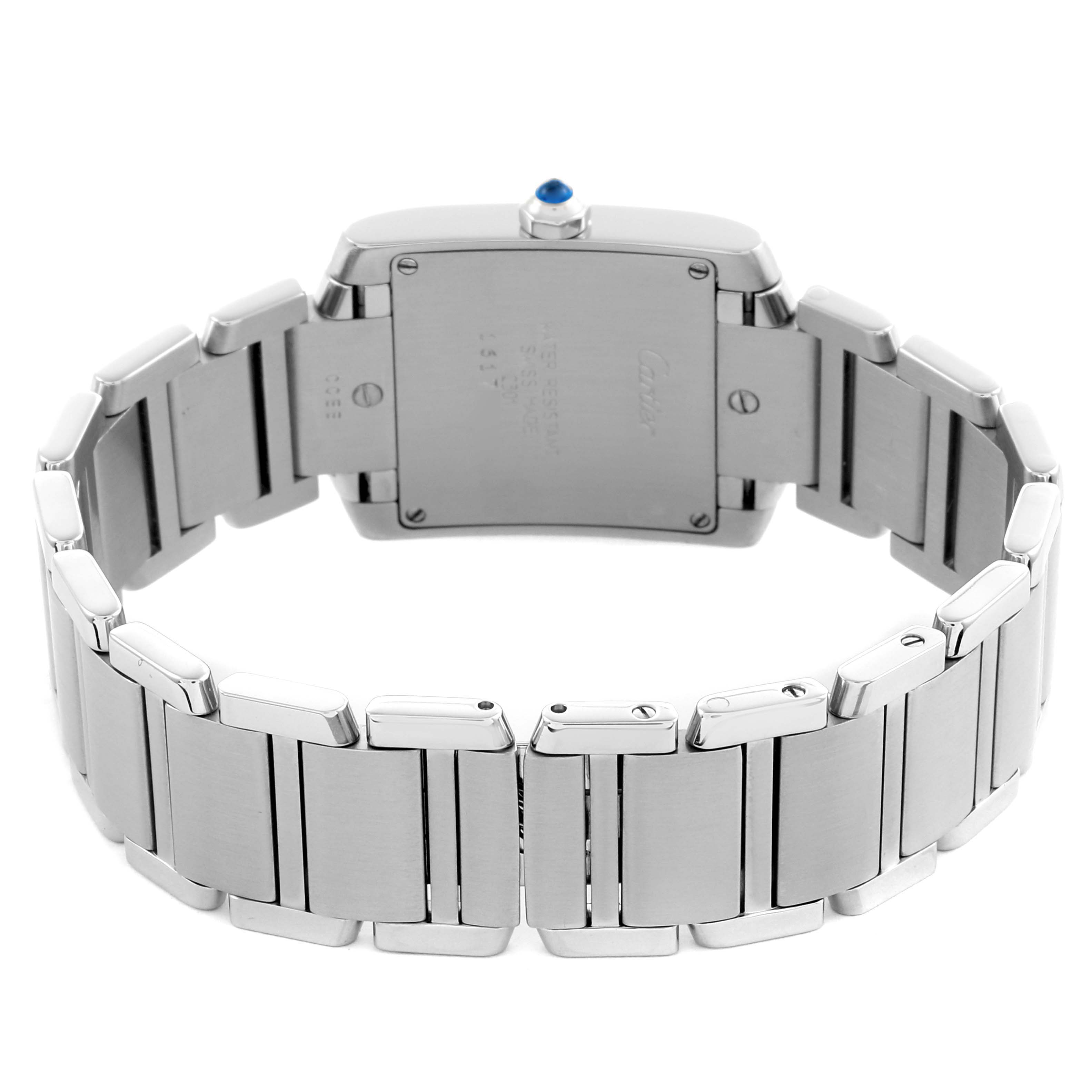 The Cartier Tank Française watch is shown from the back, highlighting the stainless steel bracelet and case with crown detail.