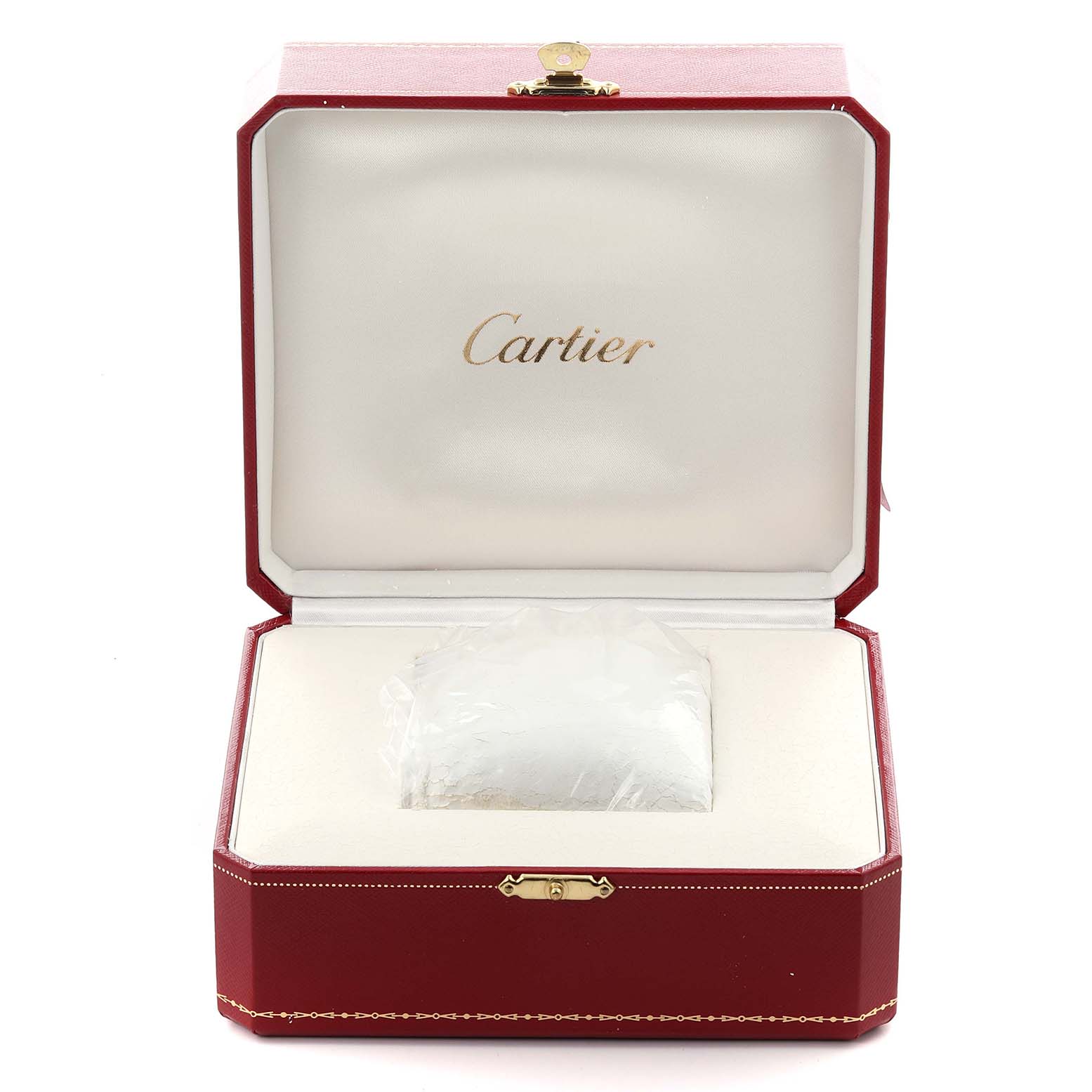The image shows a Cartier Tank Francaise WSTA0005 Women's Stainless Steel Silver Dial WSTA0005 Women's Stainless Steel Silver Dial watch box, open to reveal its interior with the watch inside wrapped in protective material.