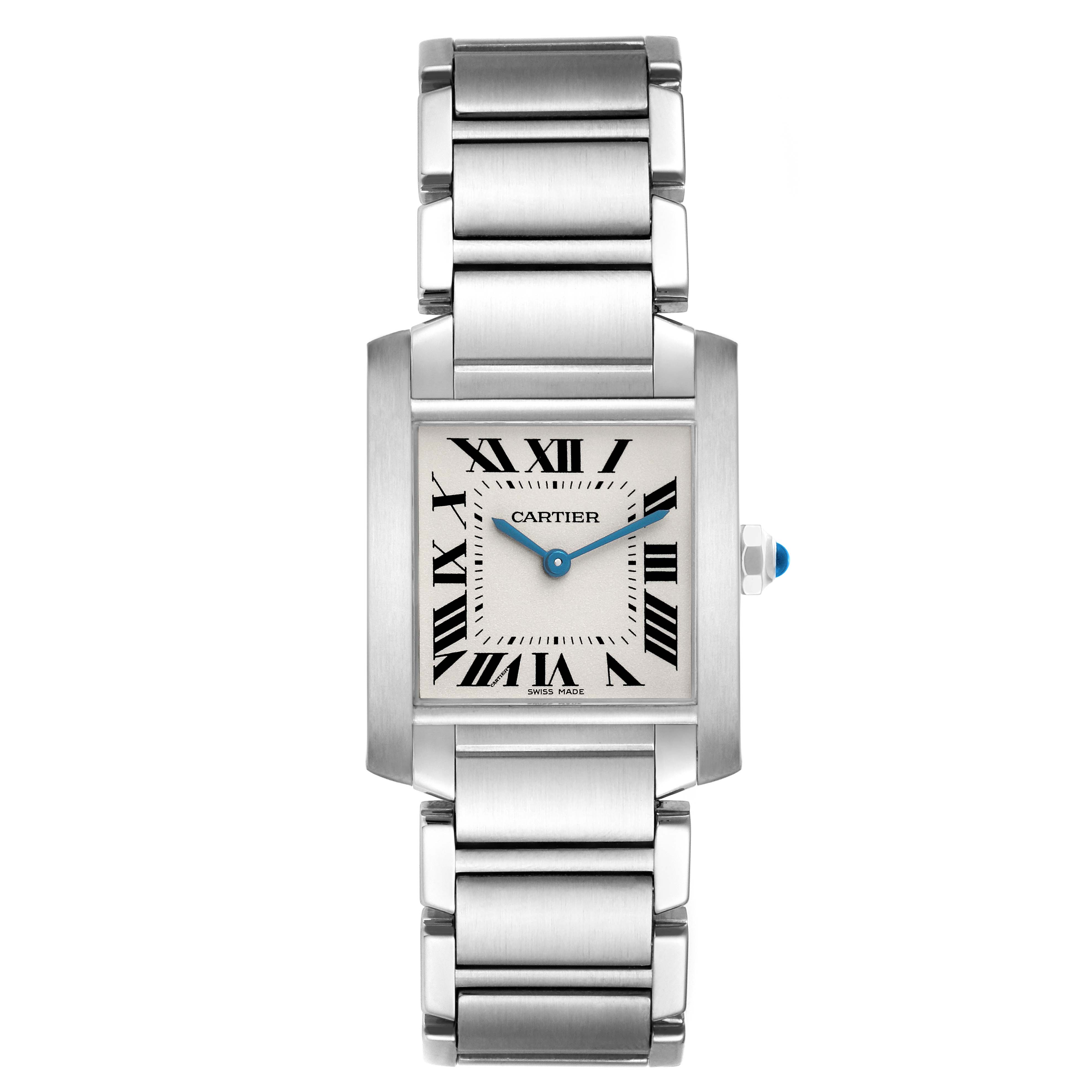 The image shows a Cartier Tank Française watch from a front angle, highlighting the face, Roman numerals, and metal bracelet.
