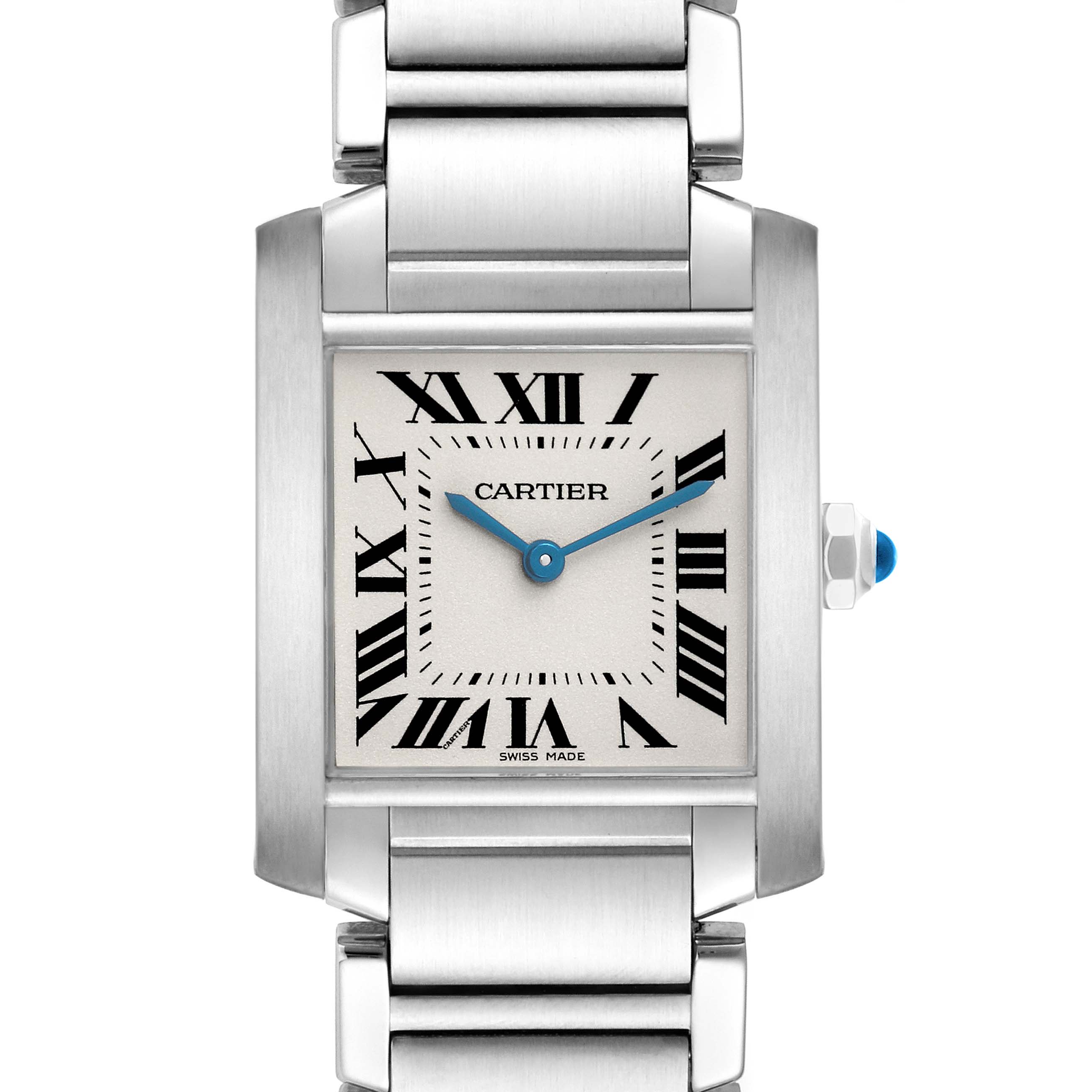 The Cartier Tank Francaise WSTA0005 Women's Stainless Steel Silver Dial WSTA0005 Women's Stainless Steel Silver Dial watch is shown from the front, highlighting its rectangular face, Roman numerals, and metal bracelet.