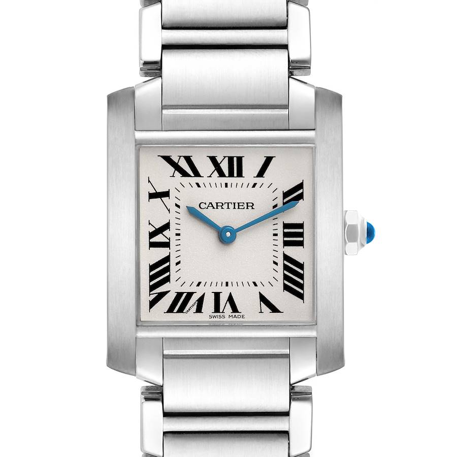 The Cartier Tank Francaise watch is shown from the front, highlighting its rectangular face, Roman numerals, and metal bracelet.