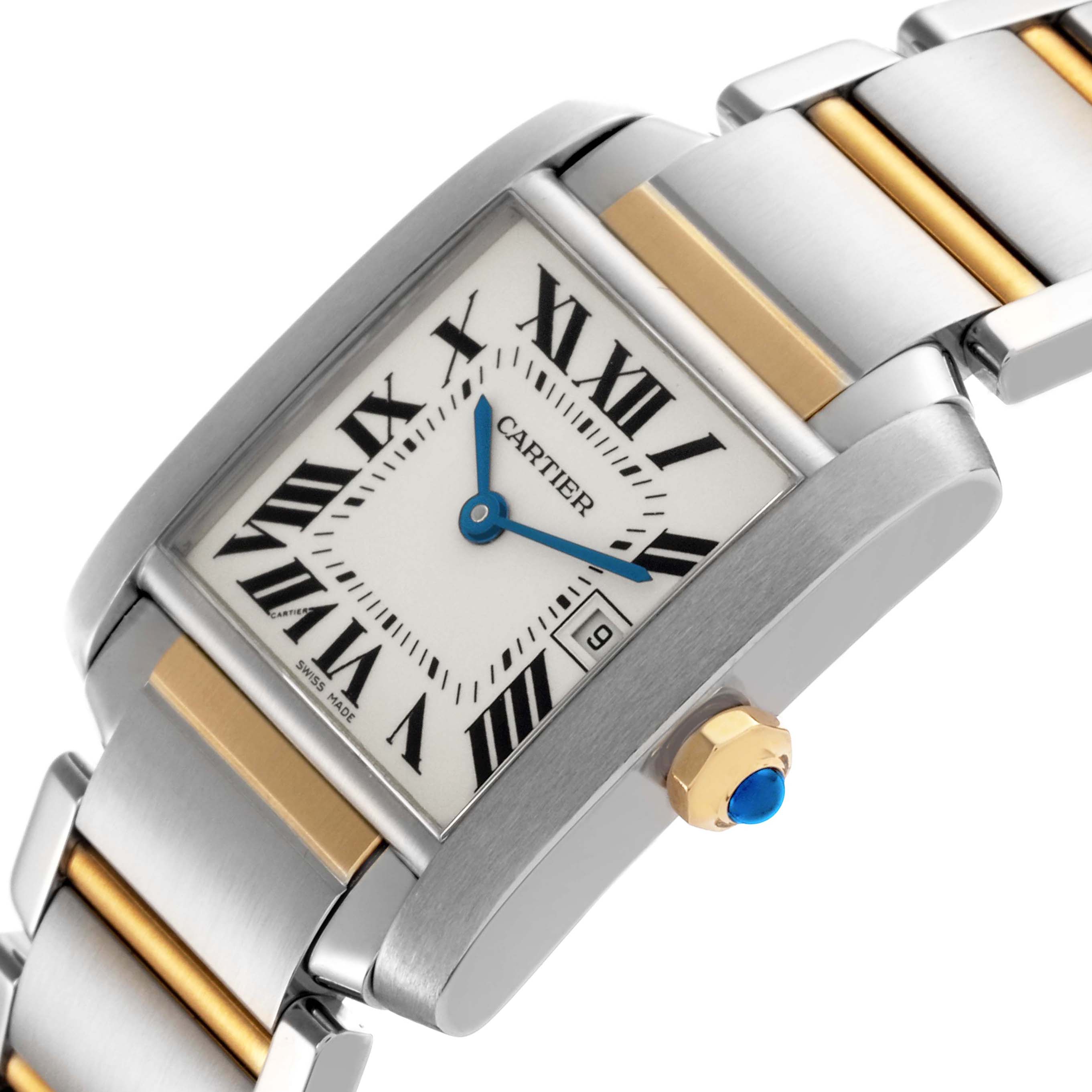 The Cartier Tank Francaise W51012Q4 Women's Steel and Gold (two tone) Silver Dial W51012Q4 Women's Steel and Gold (two tone) Silver Dial watch is shown at an angle highlighting the dial, Roman numerals, bracelet, and crown with blue cabochon.