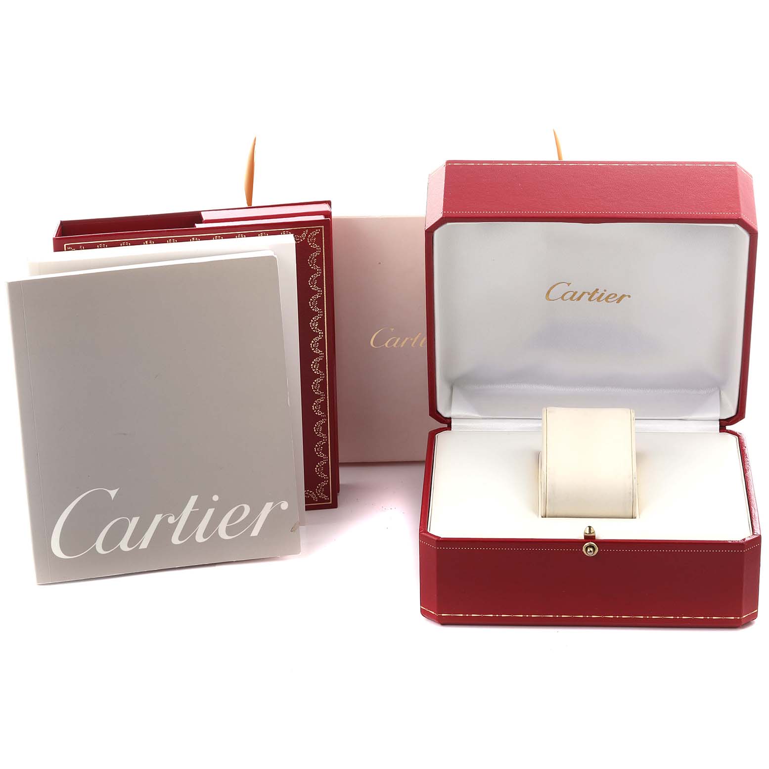 The image shows a Cartier Tank Francaise W51012Q4 Women's Steel and Gold (two tone) Silver Dial W51012Q4 Women's Steel and Gold (two tone) Silver Dial watch box, manuals, and packaging, with the watch pillow inside the open box.
