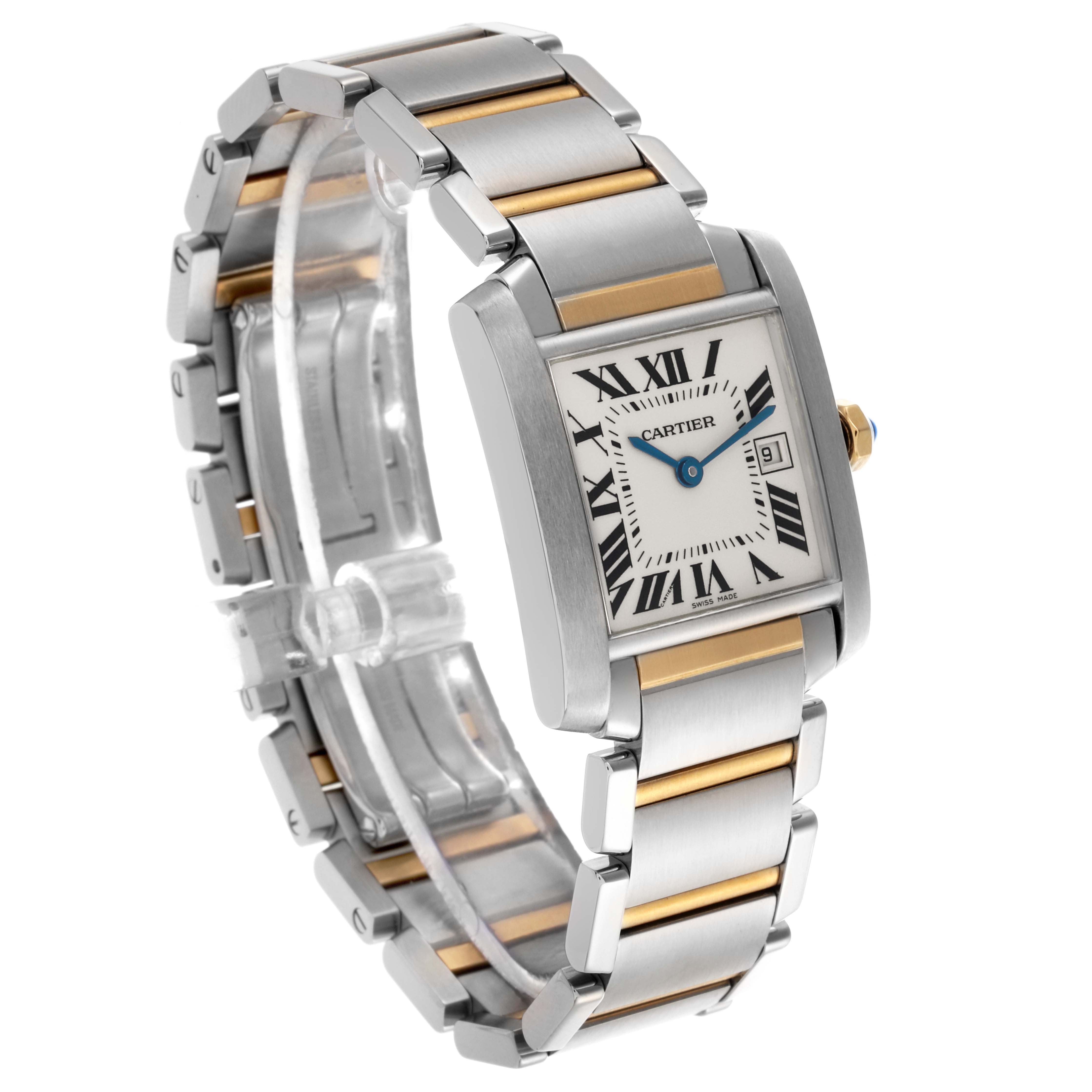 The Cartier Tank Francaise W51012Q4 Women's Steel and Gold (two tone) Silver Dial W51012Q4 Women's Steel and Gold (two tone) Silver Dial watch is shown at a three-quarter angle, highlighting its face, bracelet, and crown.