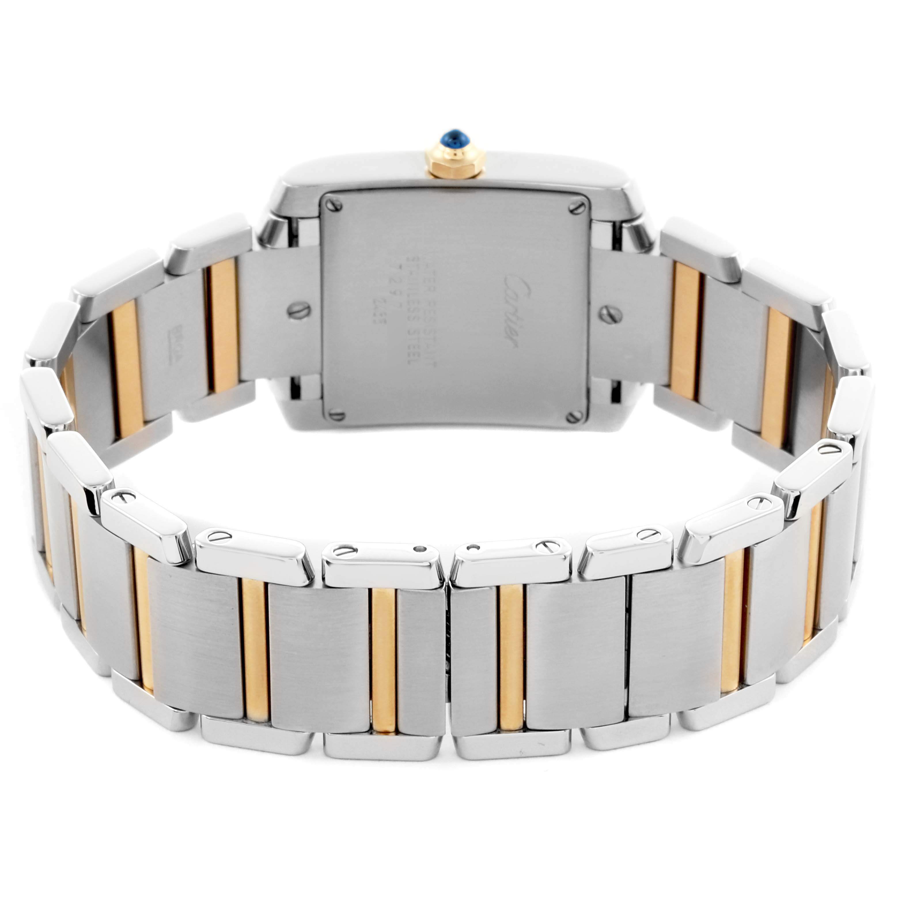 The image shows the back view of a Cartier Tank Française watch, highlighting its two-tone metal bracelet and case back.