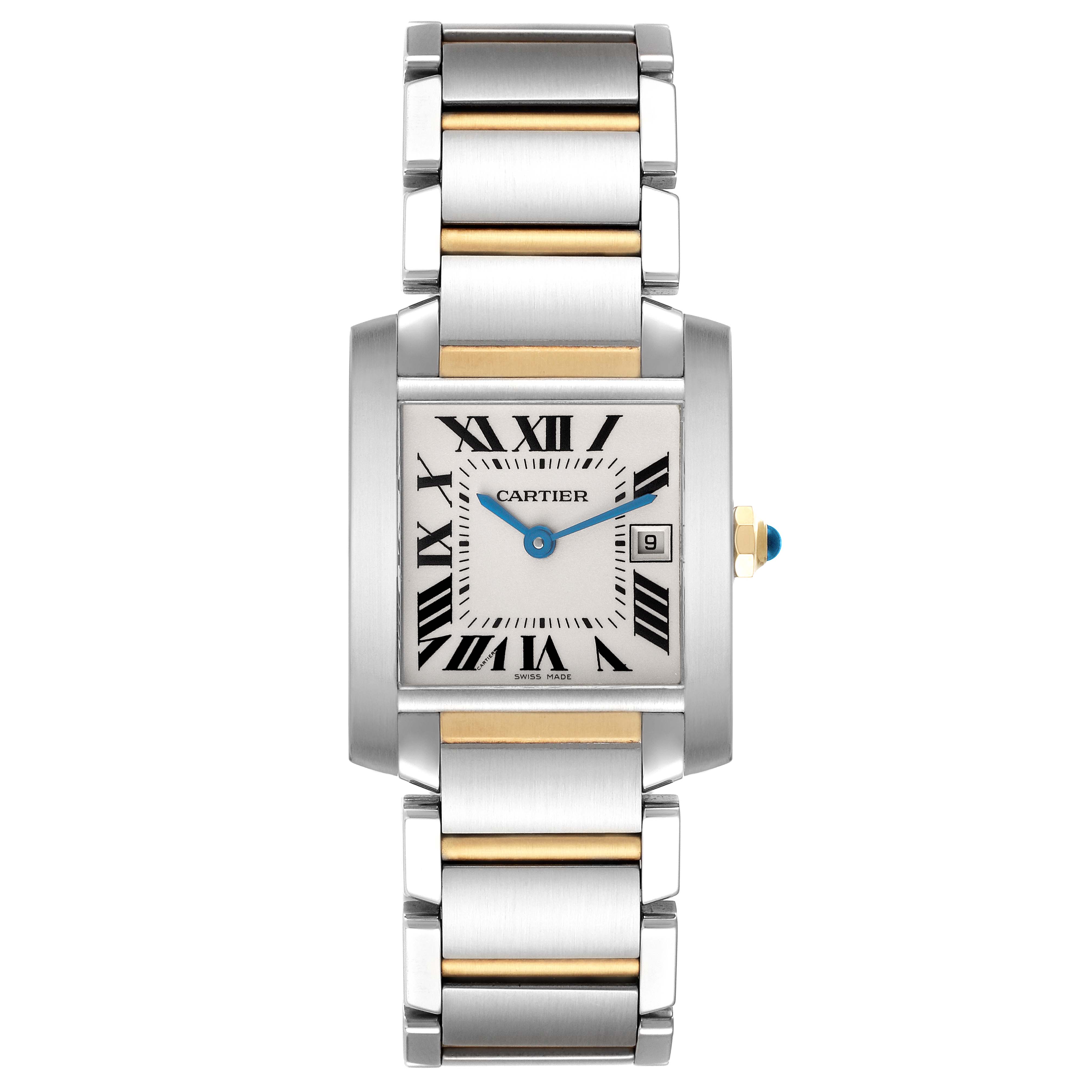 The Cartier Tank Française watch is shown from a front angle, highlighting its bracelet, dial, and crown.