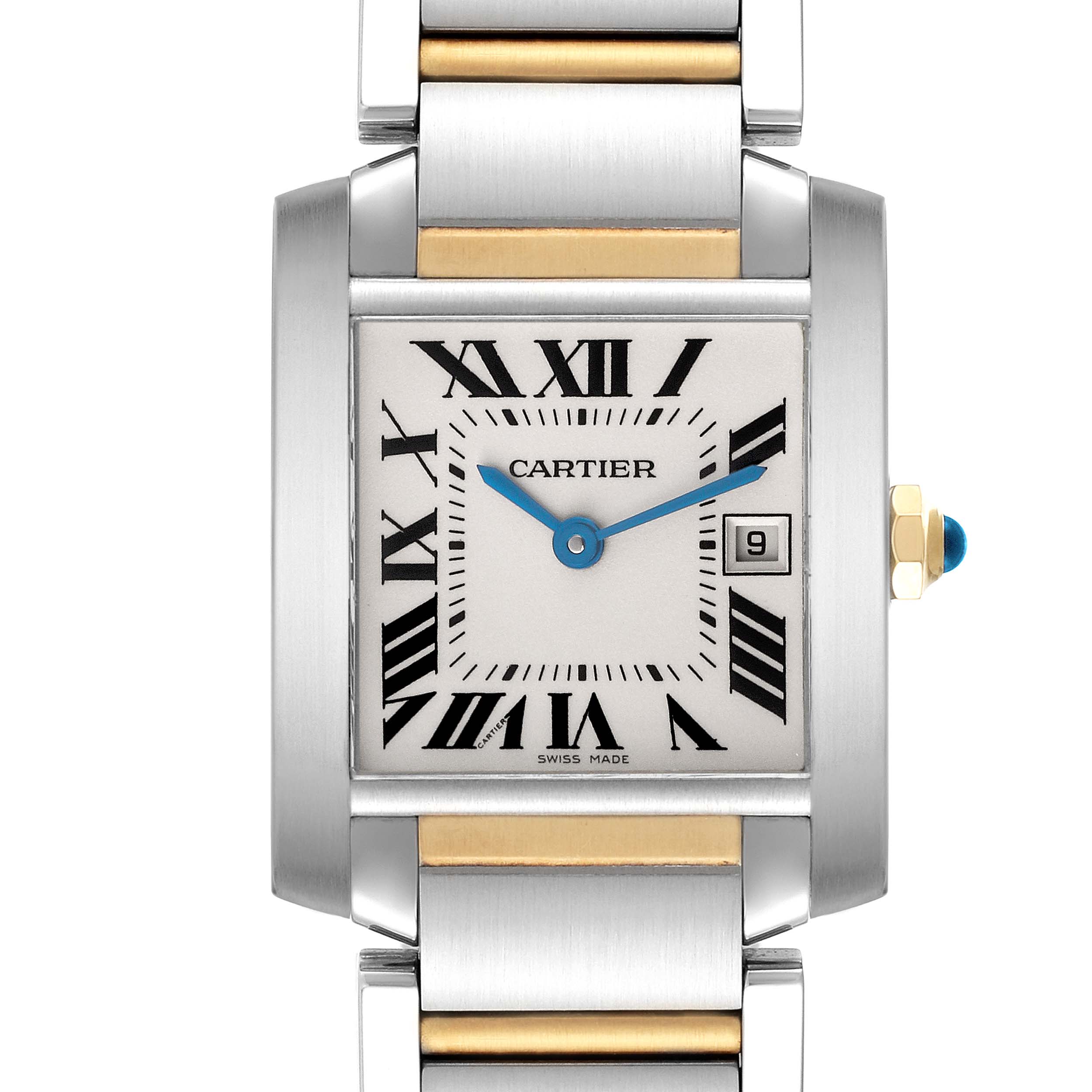 The Cartier Tank Française watch is shown from a front angle, highlighting the face, dial, crown, and part of the metal bracelet.