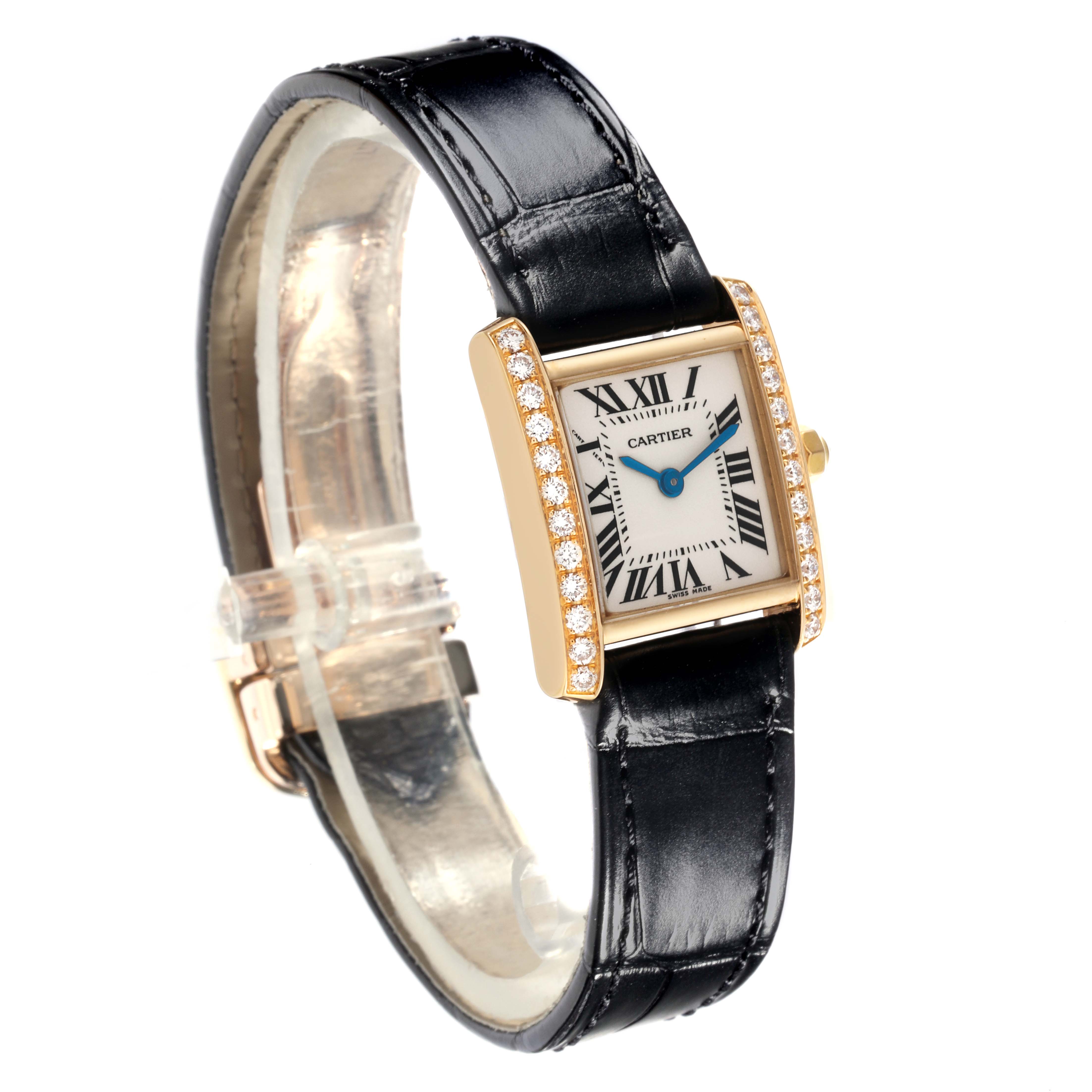 The Cartier Tank Francaise WE100151 Women's Yellow Gold Silver Dial WE100151 Women's Yellow Gold Silver Dial watch is shown at a slight angle, highlighting the diamond-set case, dial, and black leather strap.