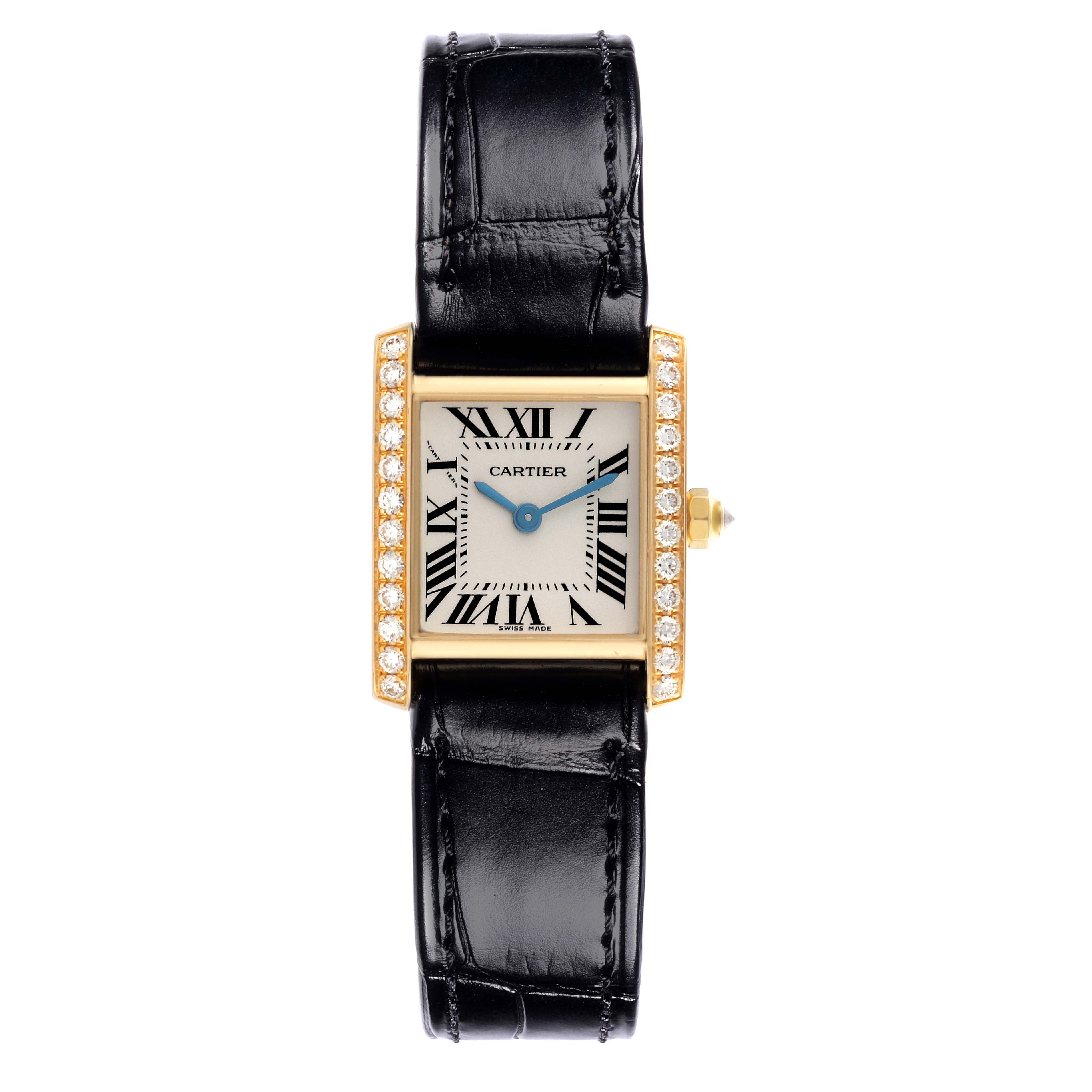 The Cartier Tank Francaise WE100151 Women's Yellow Gold Silver Dial WE100151 Women's Yellow Gold Silver Dial watch is shown from a top-down angle, highlighting its rectangular face, bejeweled edges, and black leather strap.