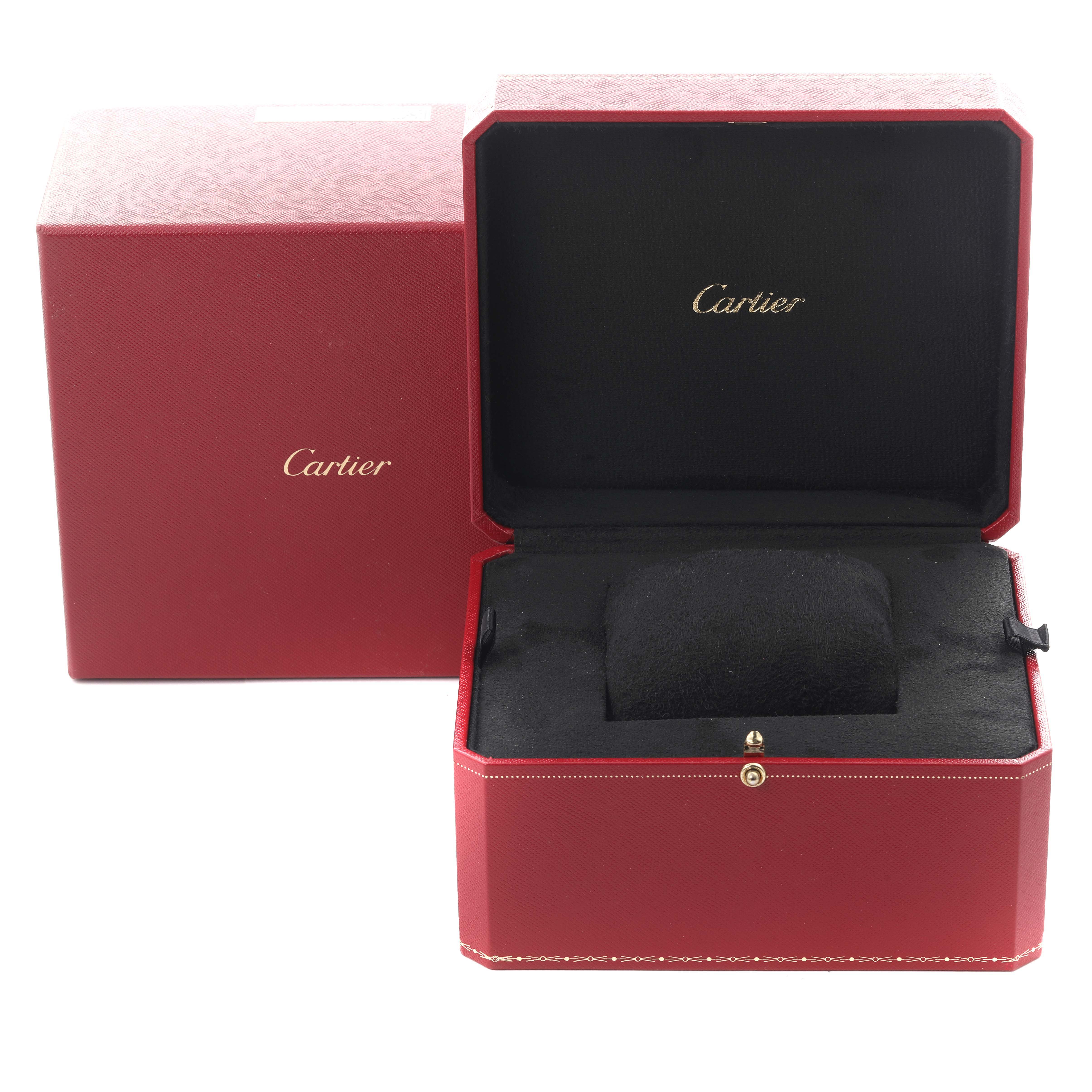 The image shows an open red Cartier watch box for the Tank Française model, highlighting the brand's logo inside.