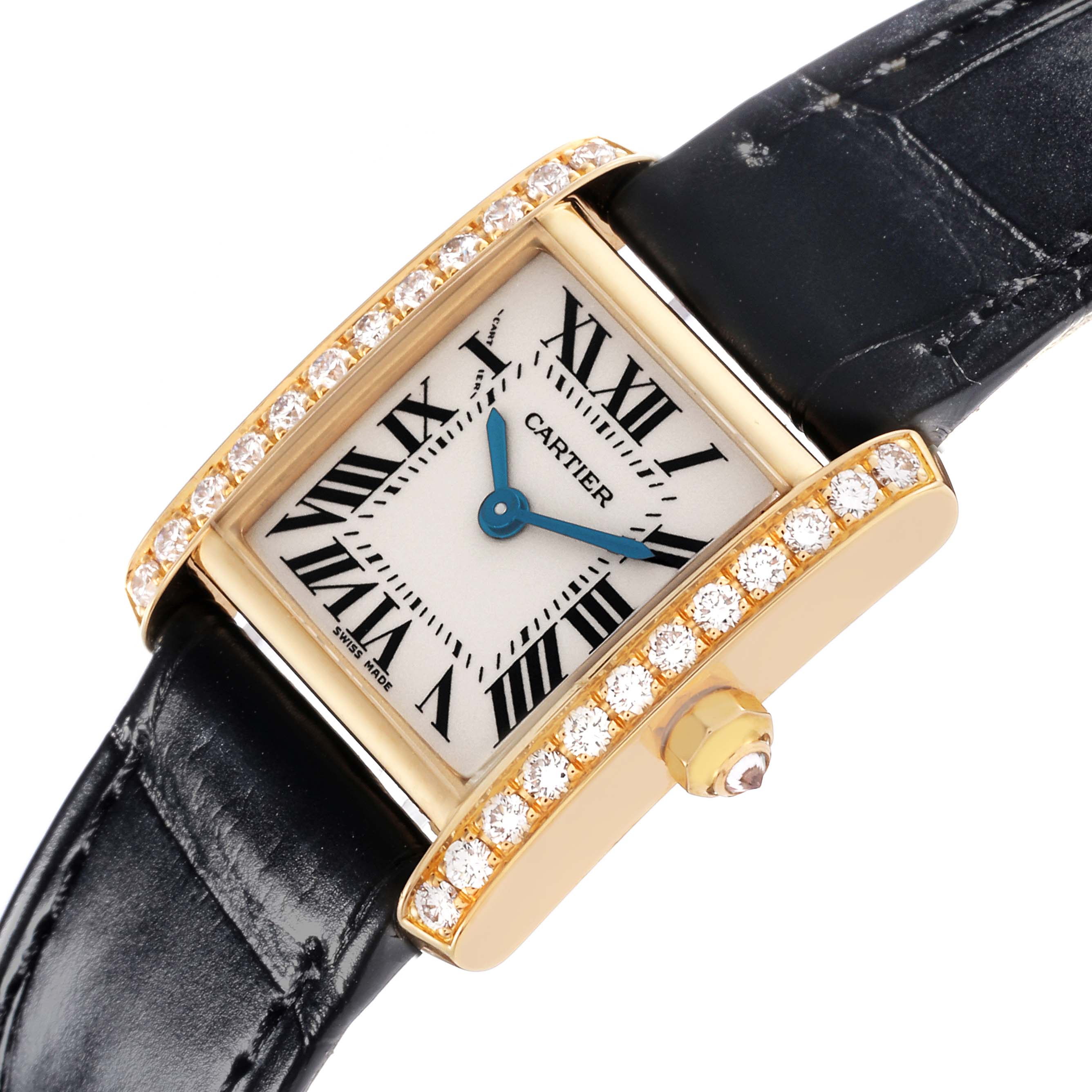 The Cartier Tank Francaise WE100151 Women's Yellow Gold Silver Dial WE100151 Women's Yellow Gold Silver Dial watch is shown from a front angle, displaying its rectangular face, diamond-set bezel, and black leather strap.