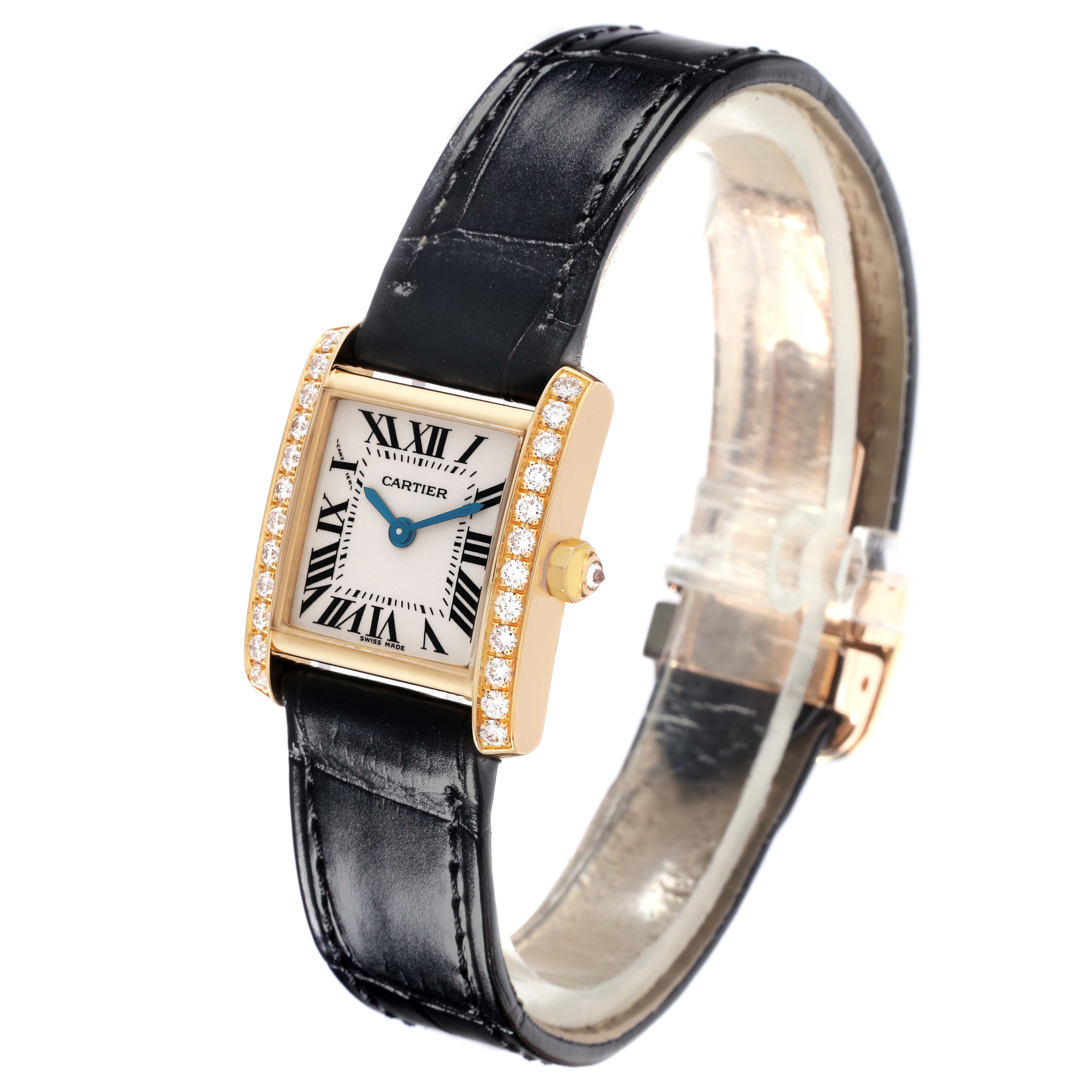 The Cartier Tank Francaise WE100151 Women's Yellow Gold Silver Dial WE100151 Women's Yellow Gold Silver Dial watch is shown at a front-left angle, featuring its diamond-set bezel, black leather strap, and classic dial.
