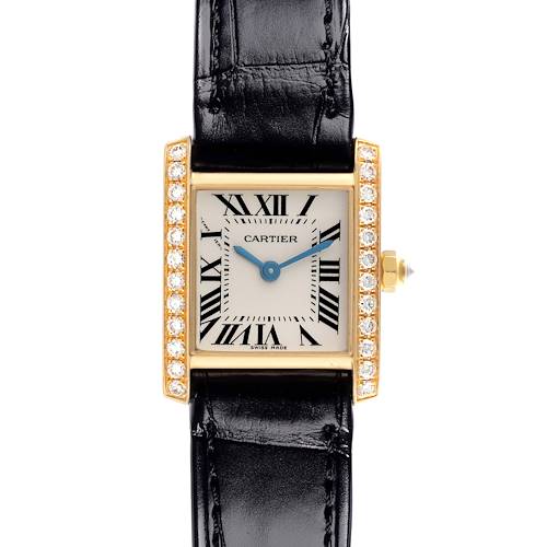 The Cartier Tank Francaise watch is shown from the front, highlighting its diamond-set bezel and black leather strap.