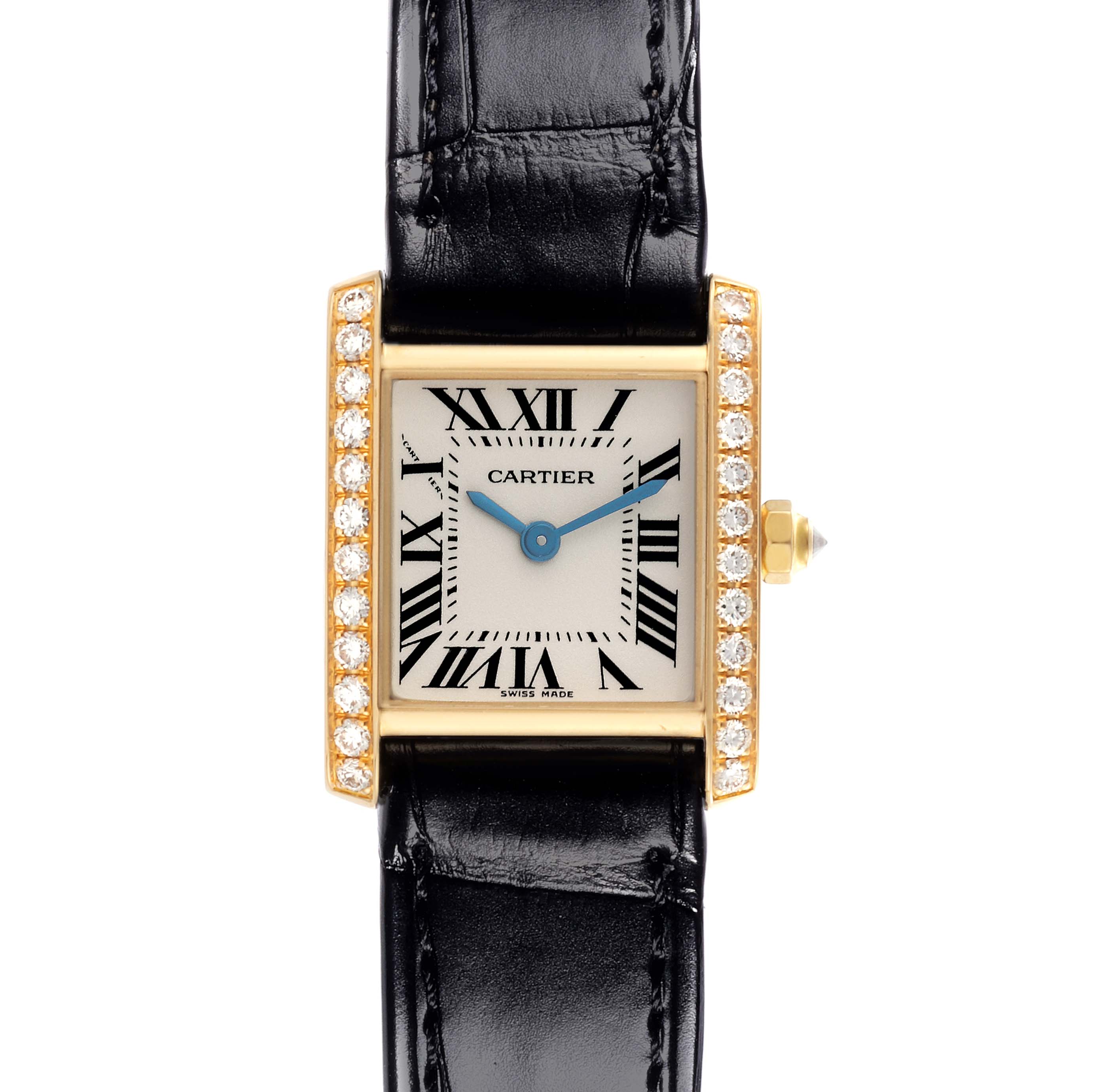 The Cartier Tank Francaise WE100151 Women's Yellow Gold Silver Dial WE100151 Women's Yellow Gold Silver Dial watch is displayed from the front, showing its square face, blue hands, numerals, and diamond-set bezel.