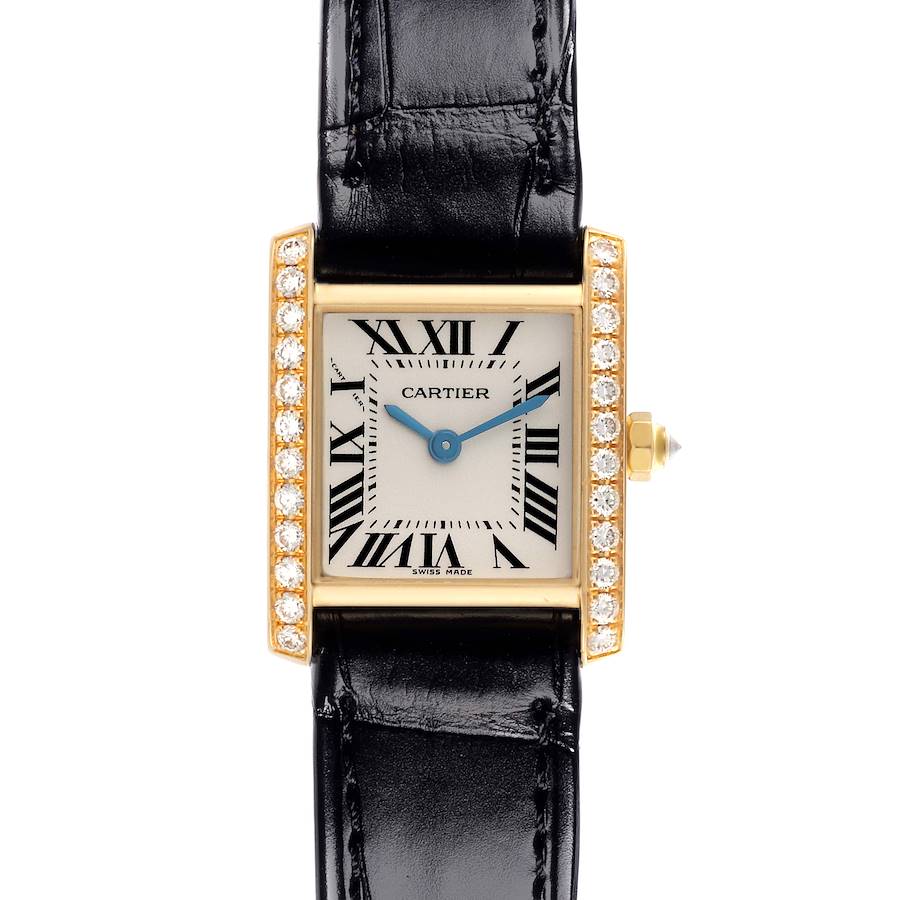 The Cartier Tank Francaise watch is displayed from the front, showing its square face, blue hands, numerals, and diamond-set bezel.