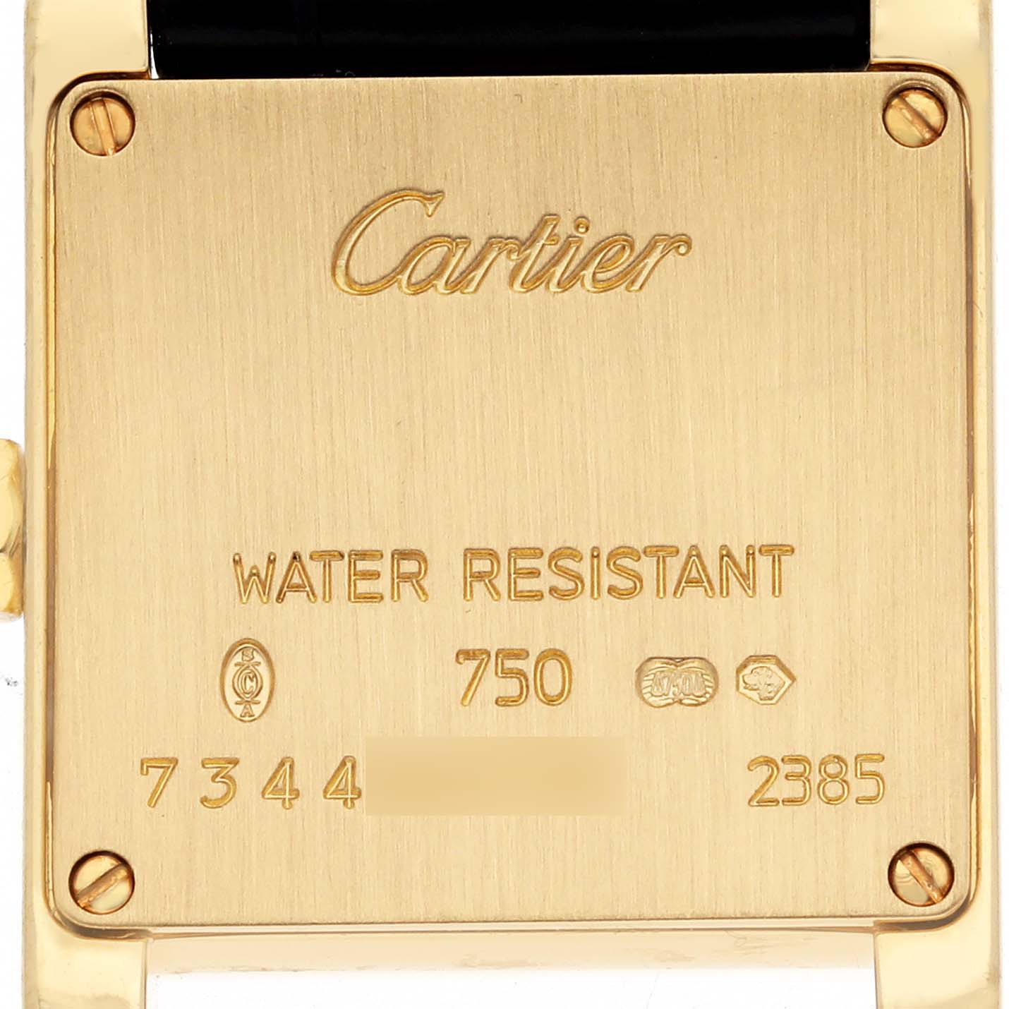 The image shows the back of a Cartier Tank Française watch, highlighting the engraving and water resistance information.