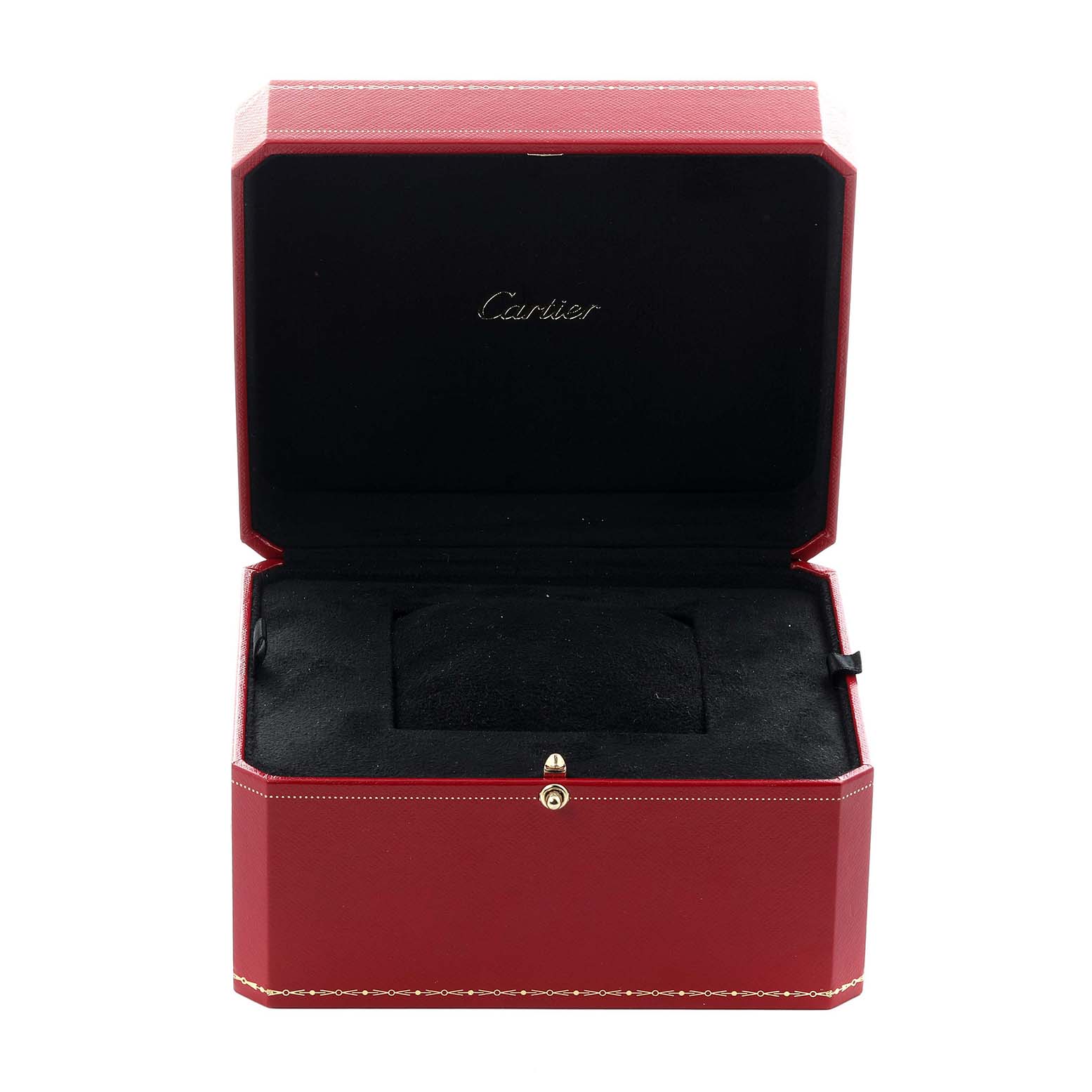 The image shows an open Cartier watch box for the Tank Francaise model, highlighting its luxurious design.