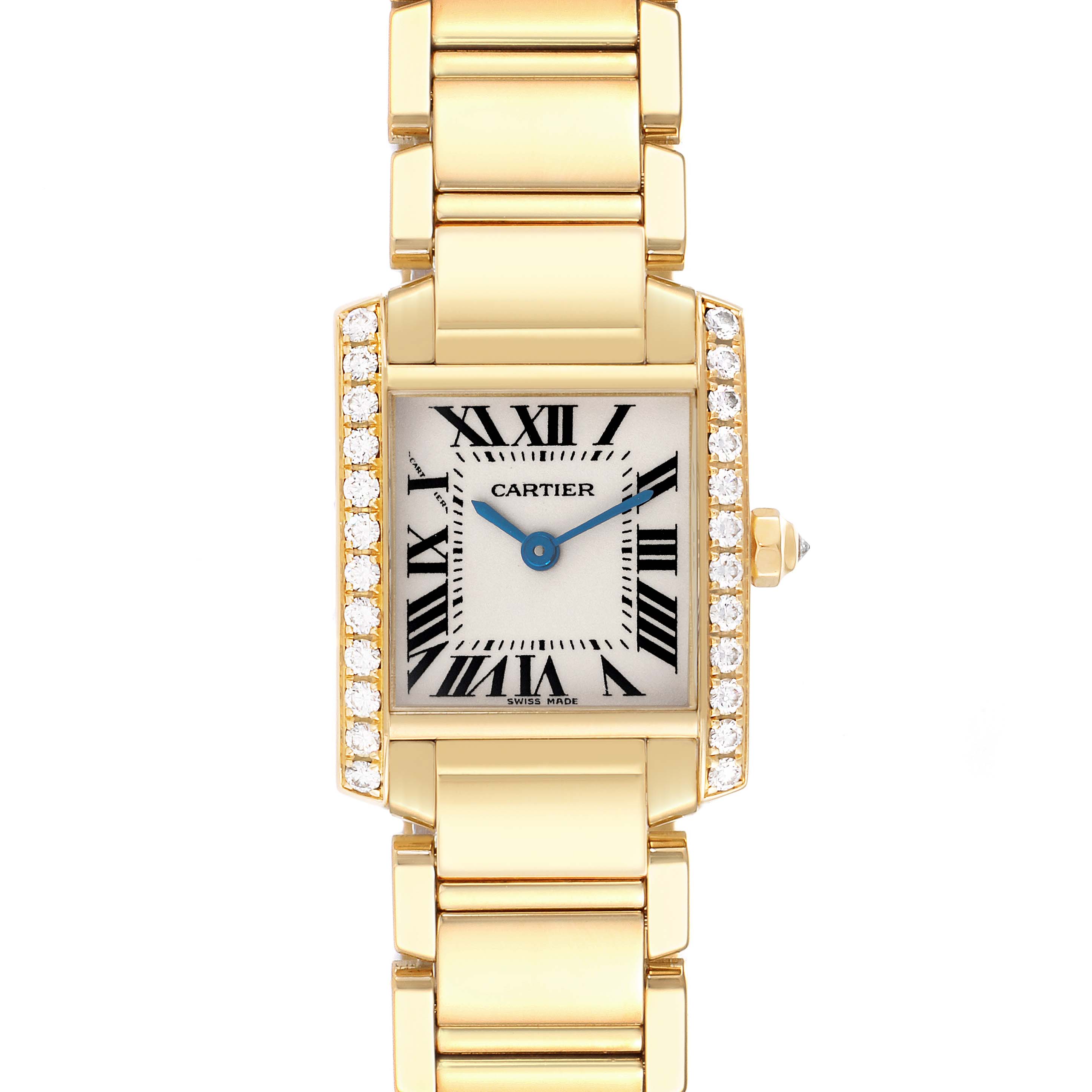The Cartier Tank Francaise WE1001R8 Women's Yellow Gold Silver Dial WE1001R8 Women's Yellow Gold Silver Dial watch is shown from the front, highlighting its gold case, diamond bezel, and matching bracelet.