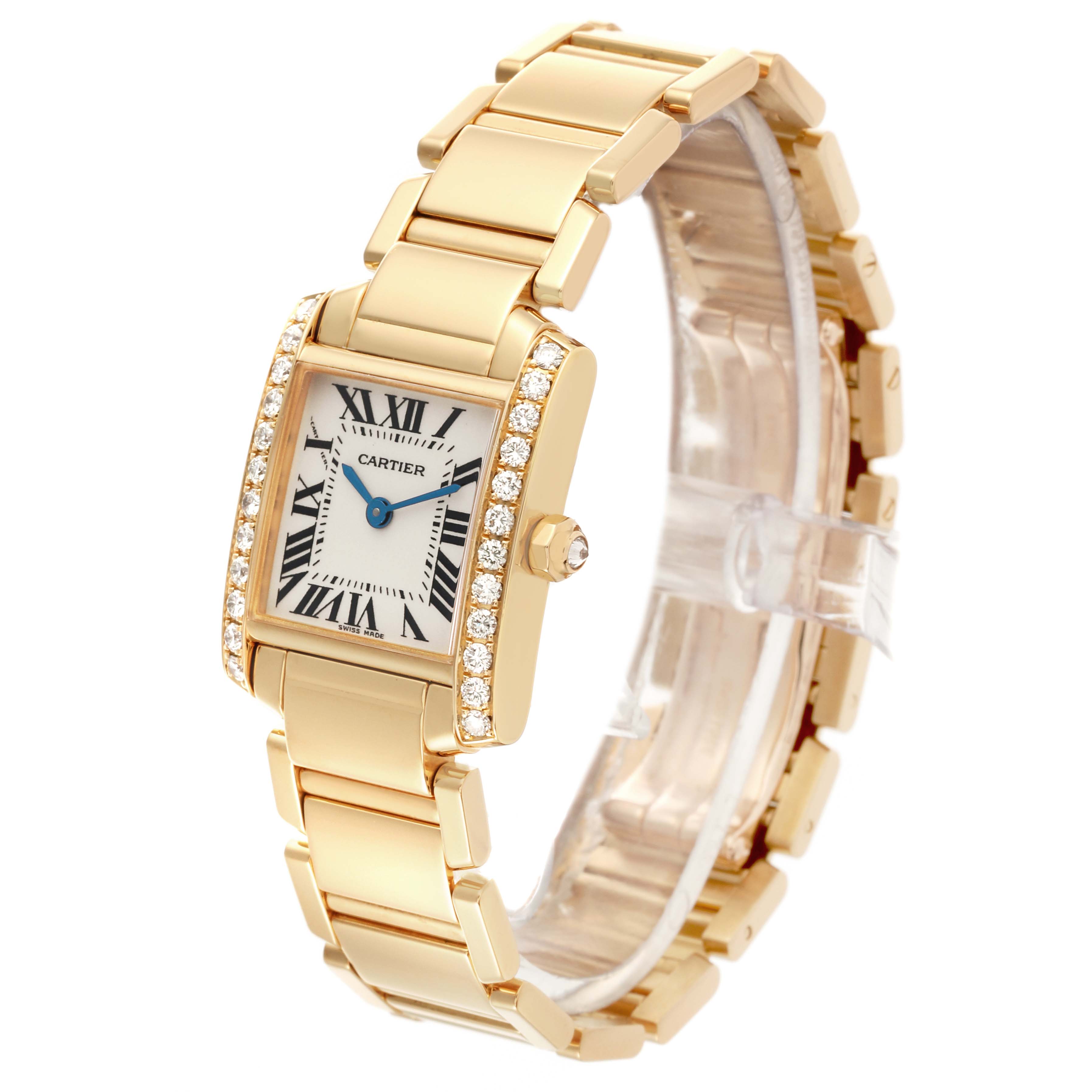 The Cartier Tank Francaise WE1001R8 Women's Yellow Gold Silver Dial WE1001R8 Women's Yellow Gold Silver Dial is shown at a slight angle, displaying its gold bracelet, diamond-set bezel, and rectangular dial.