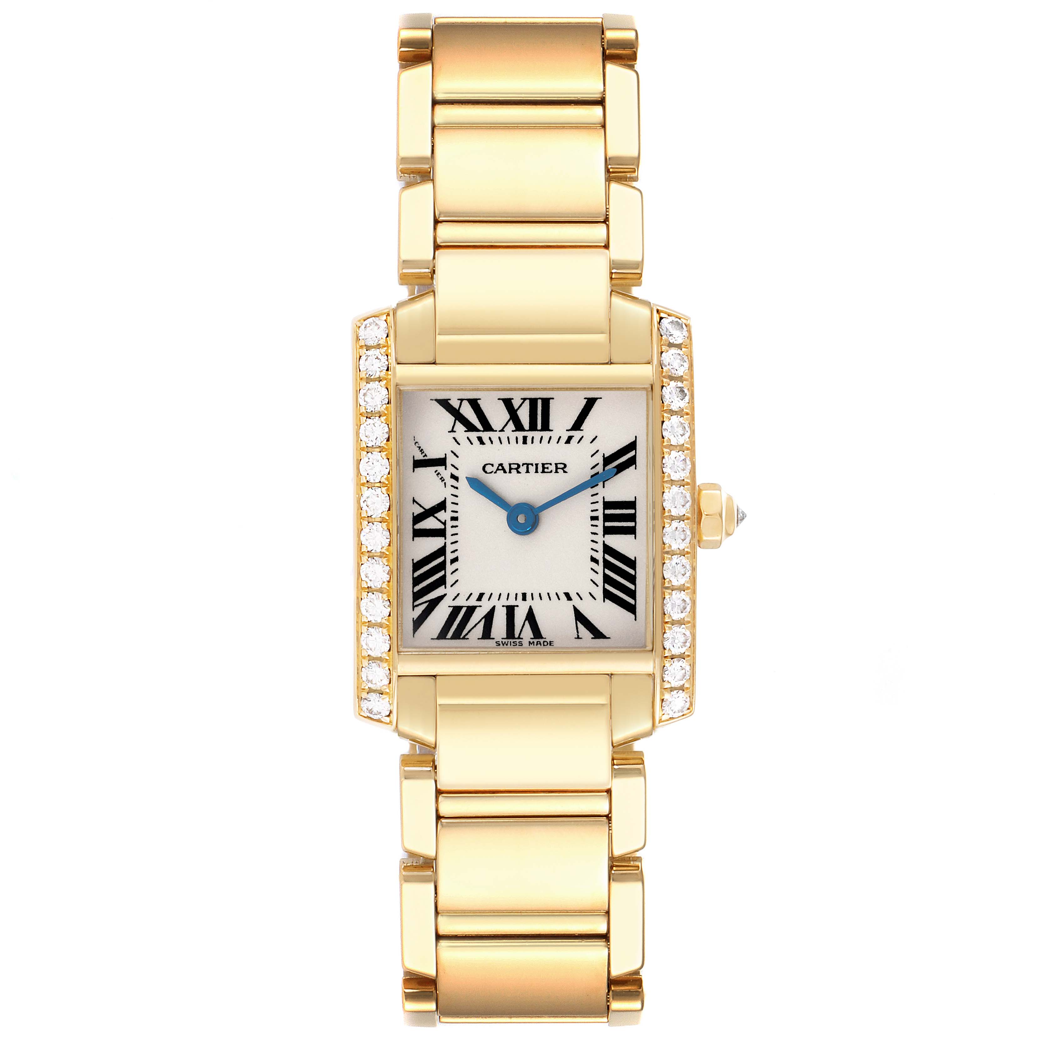 The Cartier Tank Française watch is shown in a front view, featuring its face, bracelet, and diamond-set bezel.