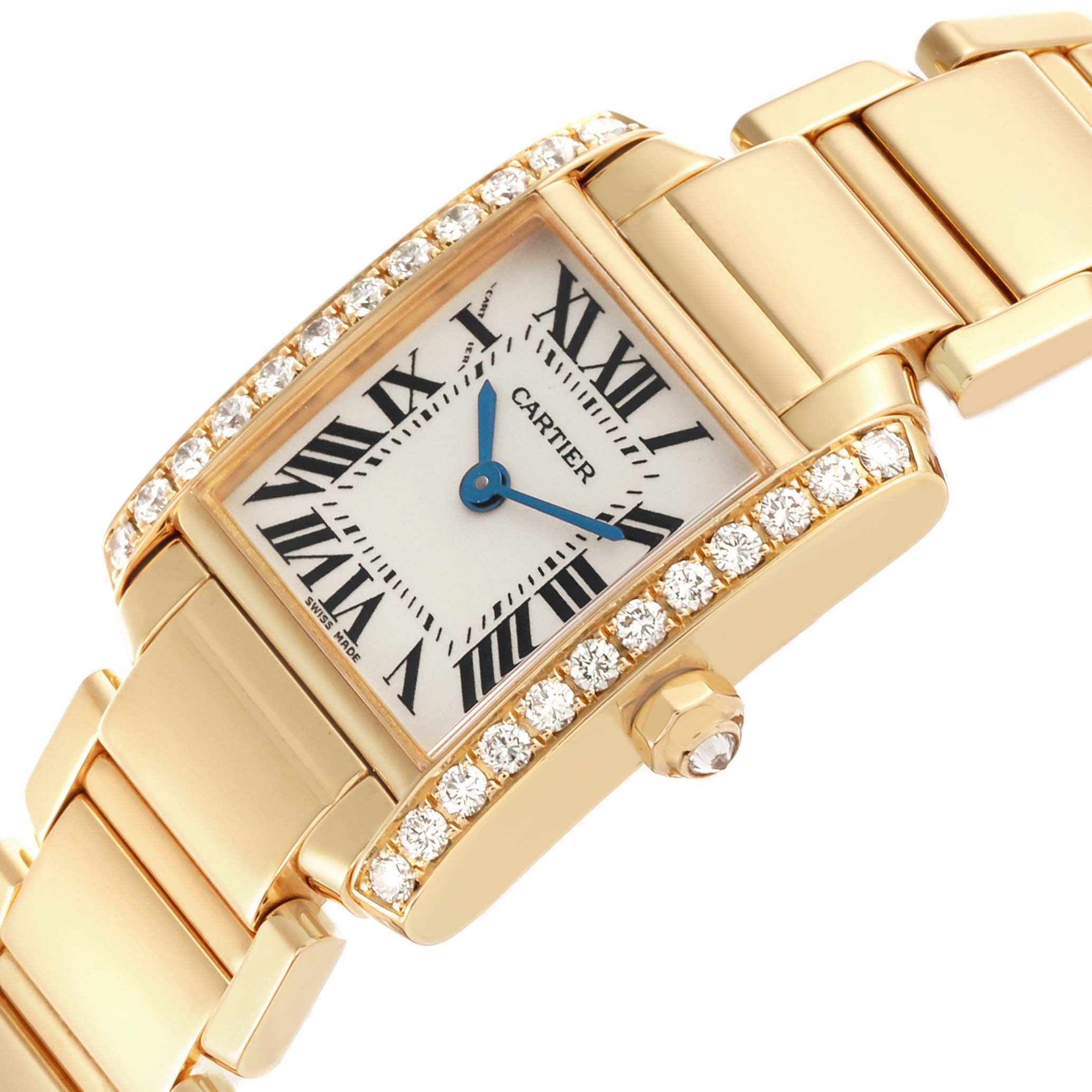 The Cartier Tank Francaise WE1001R8 Women's Yellow Gold Silver Dial WE1001R8 Women's Yellow Gold Silver Dial watch is shown at an angled close-up, highlighting its diamond-set bezel, rectangular face, and metallic bracelet.