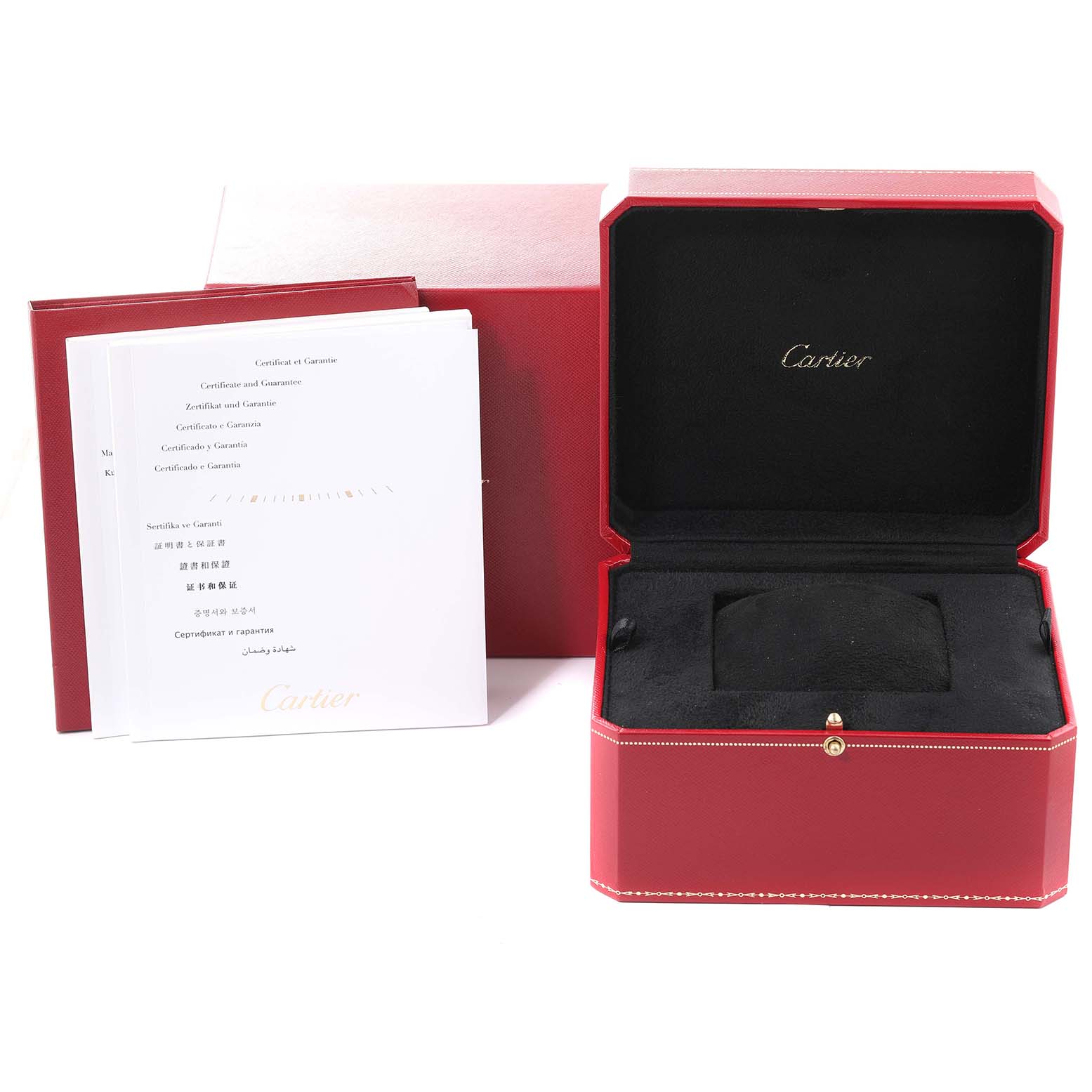 The image shows the packaging and documentation for a Cartier Tank Louis WJTA0011 Women's White Gold Silver Dial WJTA0011 Women's White Gold Silver Dial watch, including an open red box and guarantee certificates.