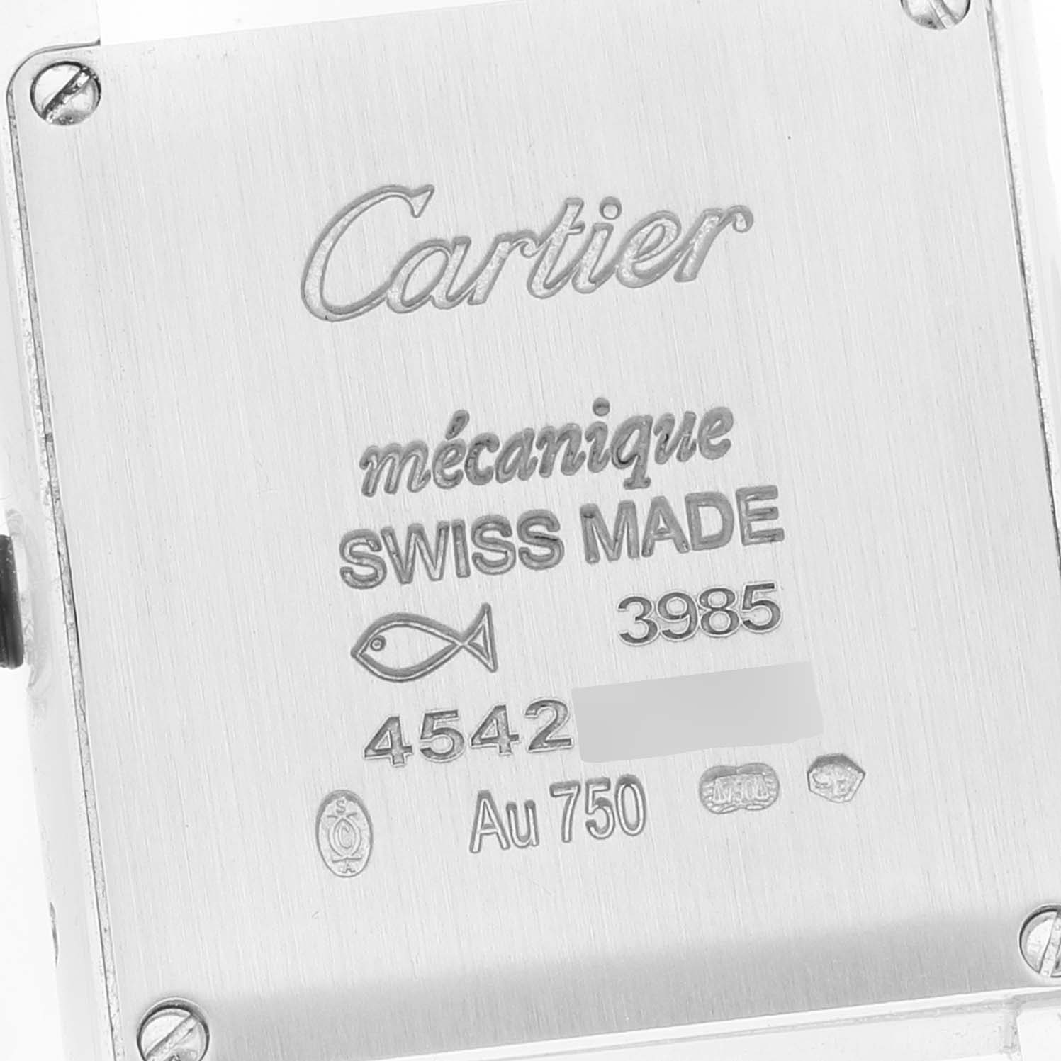 This image shows the back case of a Cartier Tank Louis WJTA0011 Women's White Gold Silver Dial WJTA0011 Women's White Gold Silver Dial watch, highlighting its engraved details and screws.