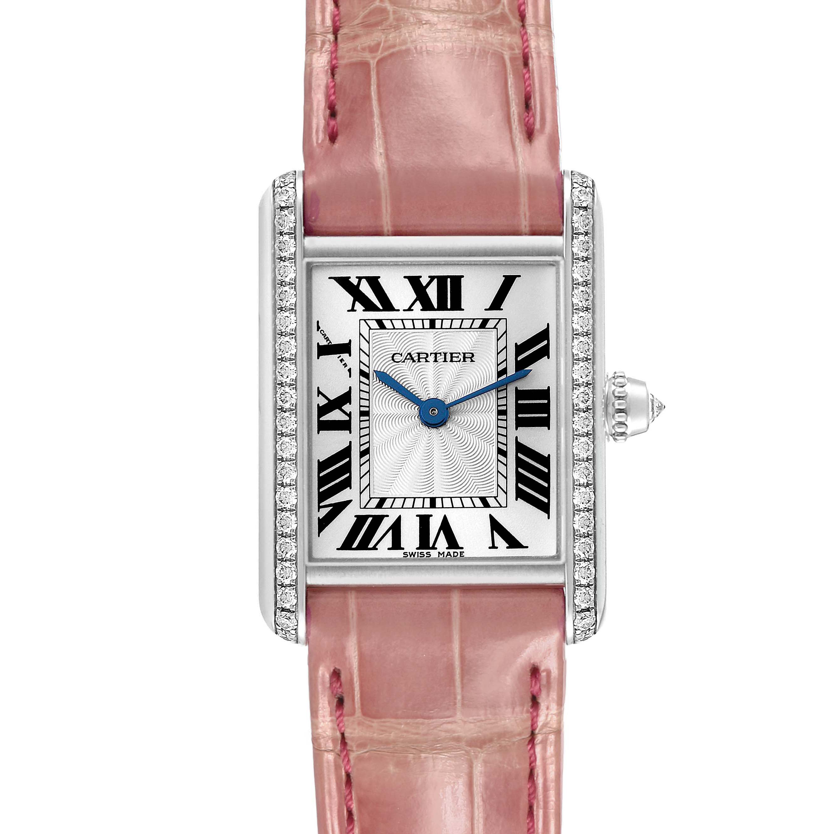 The Cartier Tank Louis WJTA0011 Women's White Gold Silver Dial watch is shown from the front, highlighting the dial, pink strap, and diamond-set case.