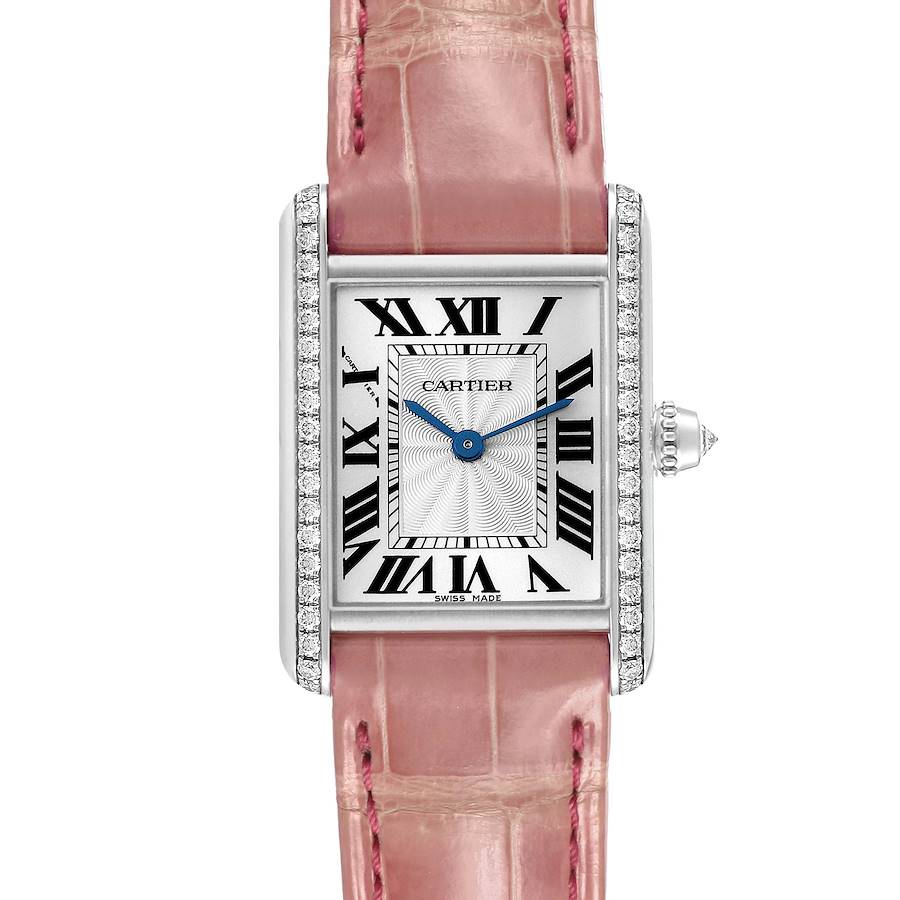 The Cartier Tank Louis WJTA0011 Women's White Gold Silver Dial watch is shown from the front, highlighting the dial, pink strap, and diamond-set case.