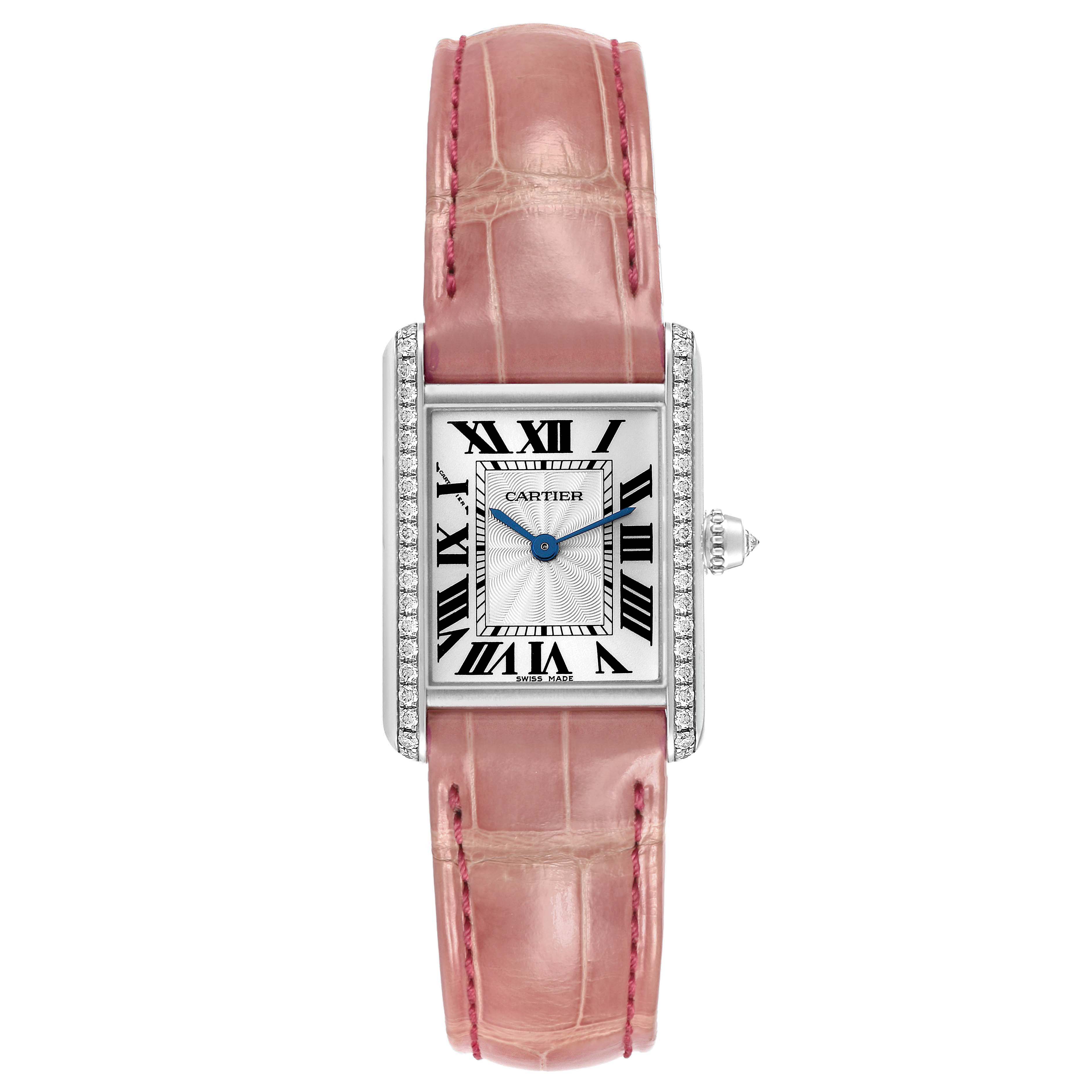 This Cartier Tank Louis WJTA0011 Women's White Gold Silver Dial watch is shown front-facing, displaying the pink leather strap and rectangular diamond-encrusted bezel.