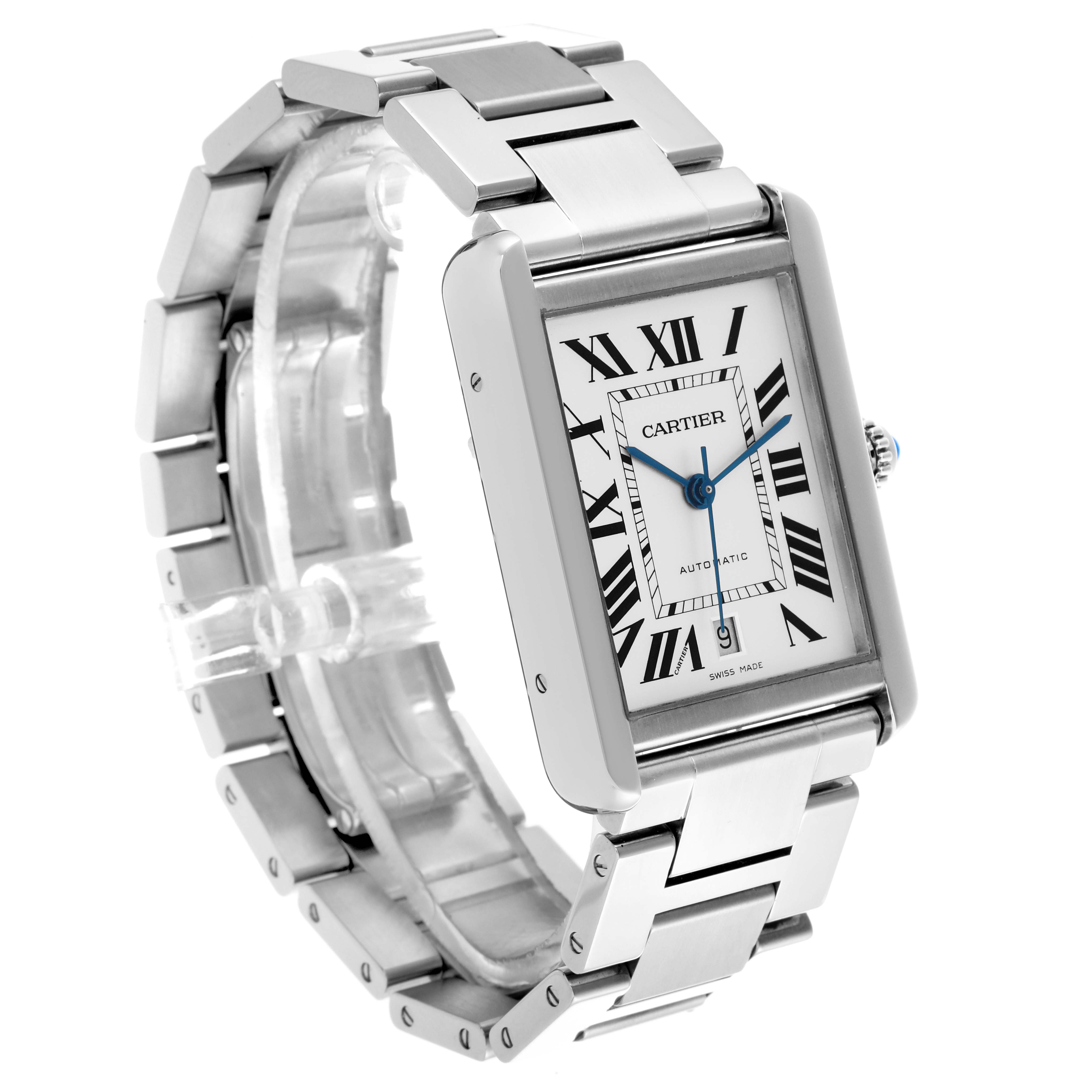 The Cartier Tank Solo W5200028 Men's Stainless Steel Silver Dial W5200028 Men's Stainless Steel Silver Dial watch is shown at a three-quarter angle, displaying the face, case, and stainless steel bracelet.