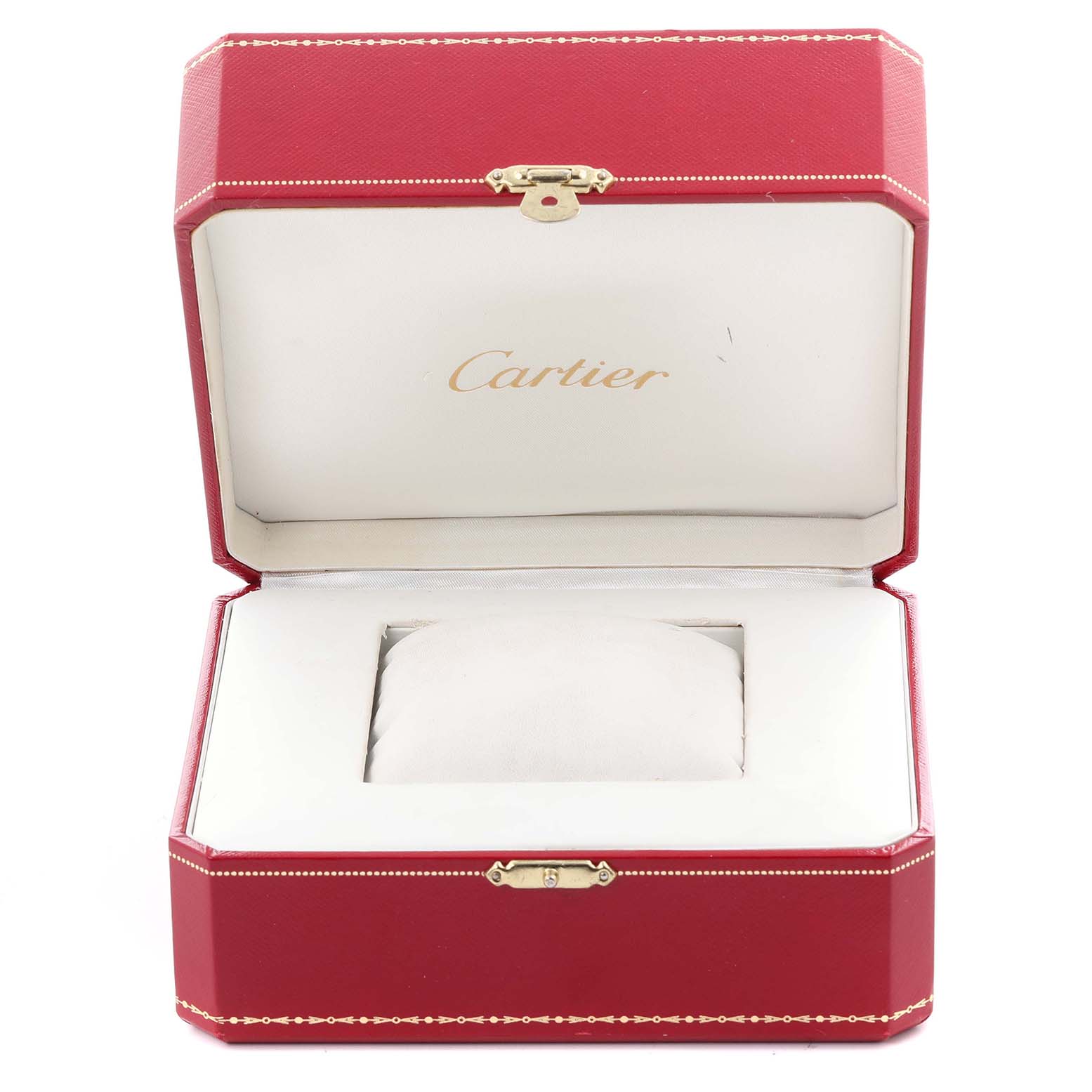 The image shows an open Cartier watch box for the Tank Solo model, highlighting its cushioned interior.