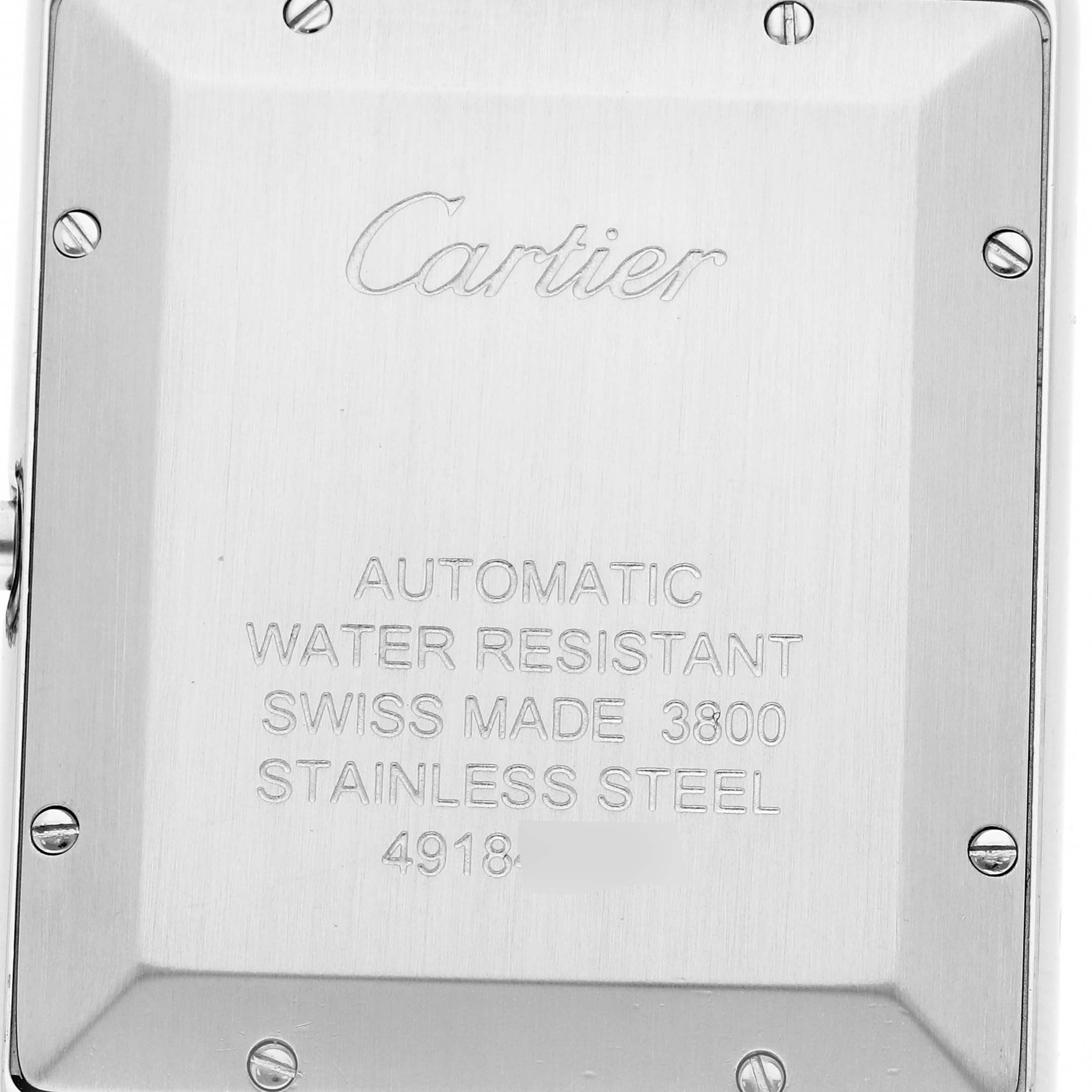The image shows the back of a Cartier Tank Solo W5200028 Men's Stainless Steel Silver Dial W5200028 Men's Stainless Steel Silver Dial watch, featuring engravings about its features.
