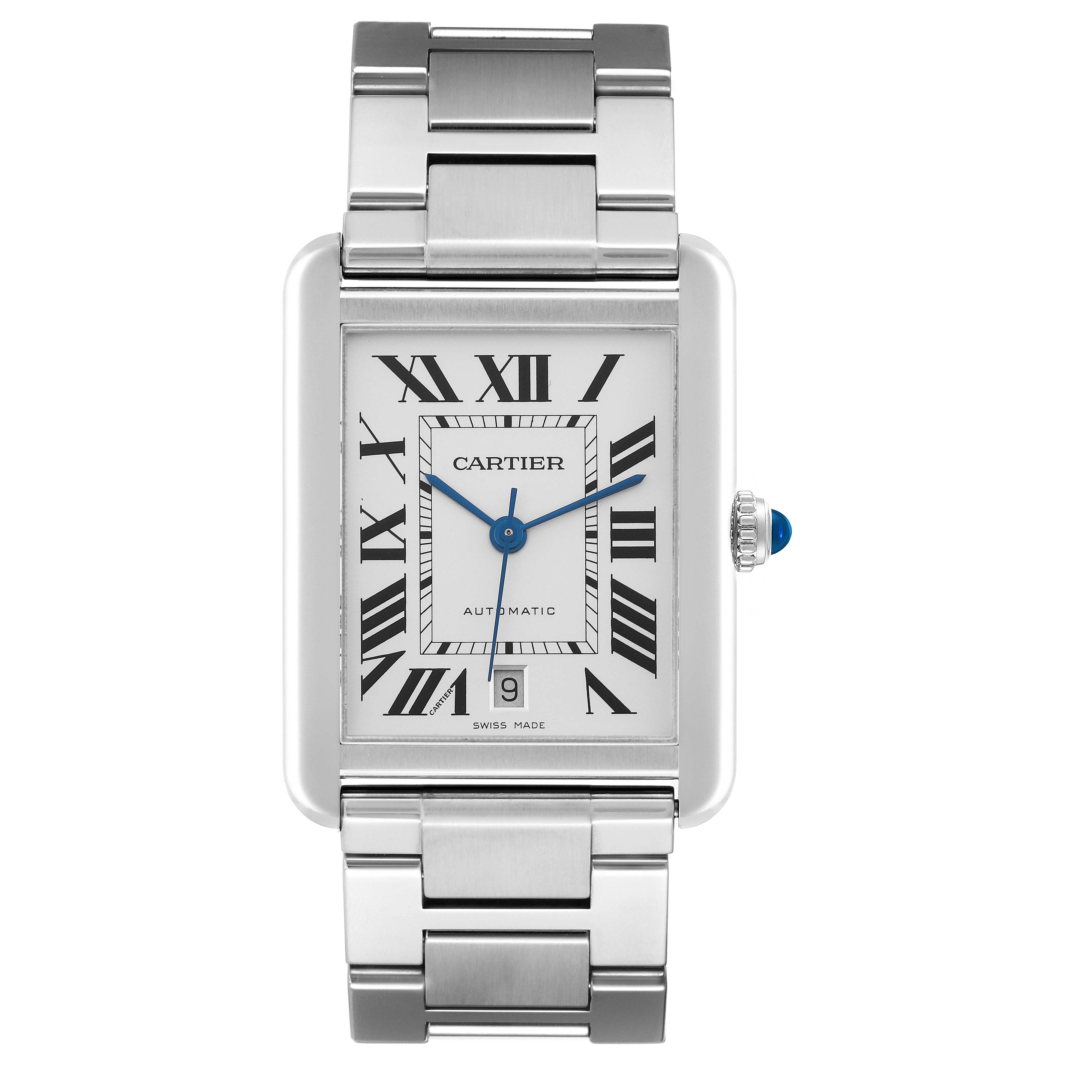 The Cartier Tank Solo W5200028 Men's Stainless Steel Silver Dial W5200028 Men's Stainless Steel Silver Dial watch is shown from a front angle, displaying its face, Roman numerals, and metal bracelet.