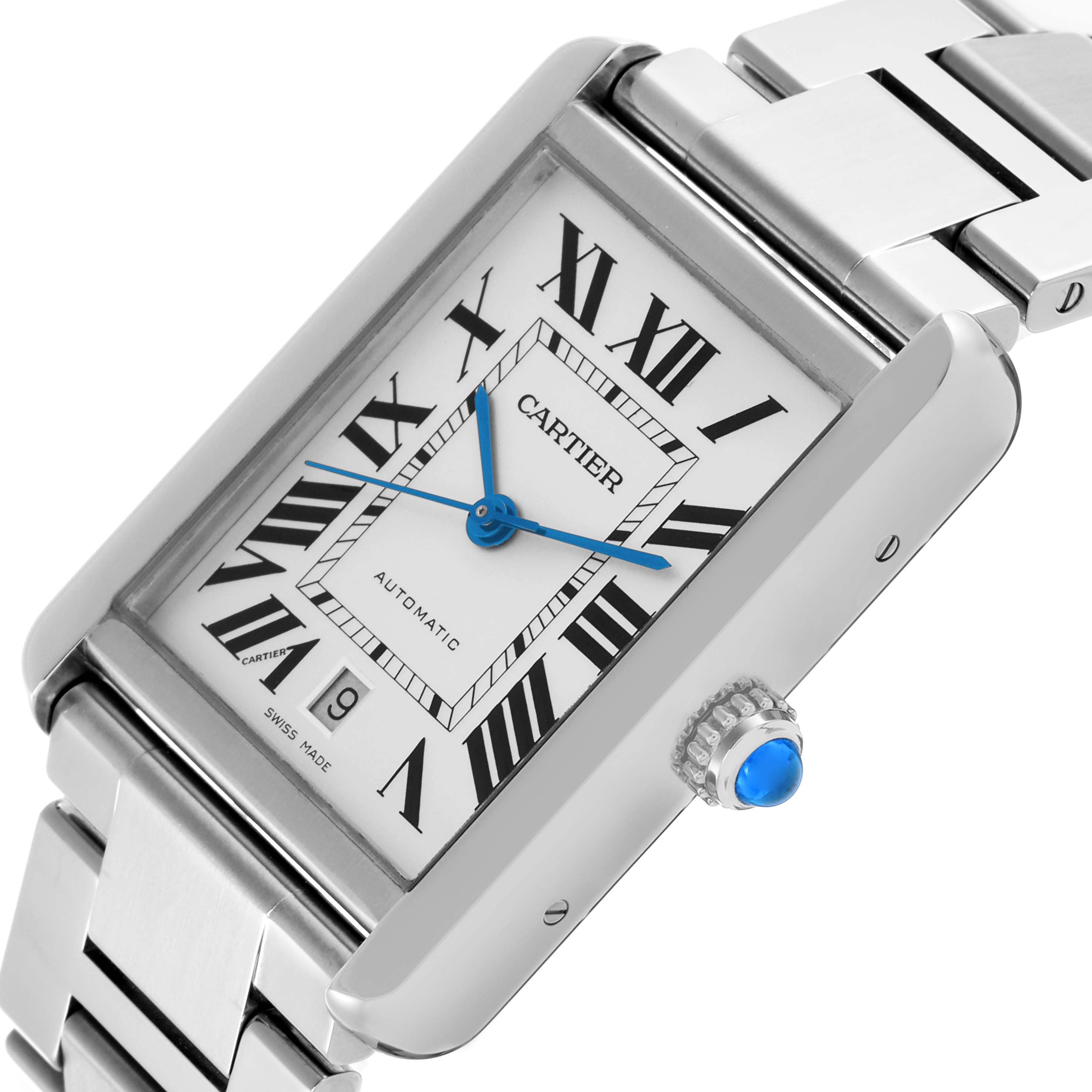 The Cartier Tank Solo W5200028 Men's Stainless Steel Silver Dial W5200028 Men's Stainless Steel Silver Dial watch is shown at an angled view, highlighting the dial, hands, and a portion of the metal bracelet.