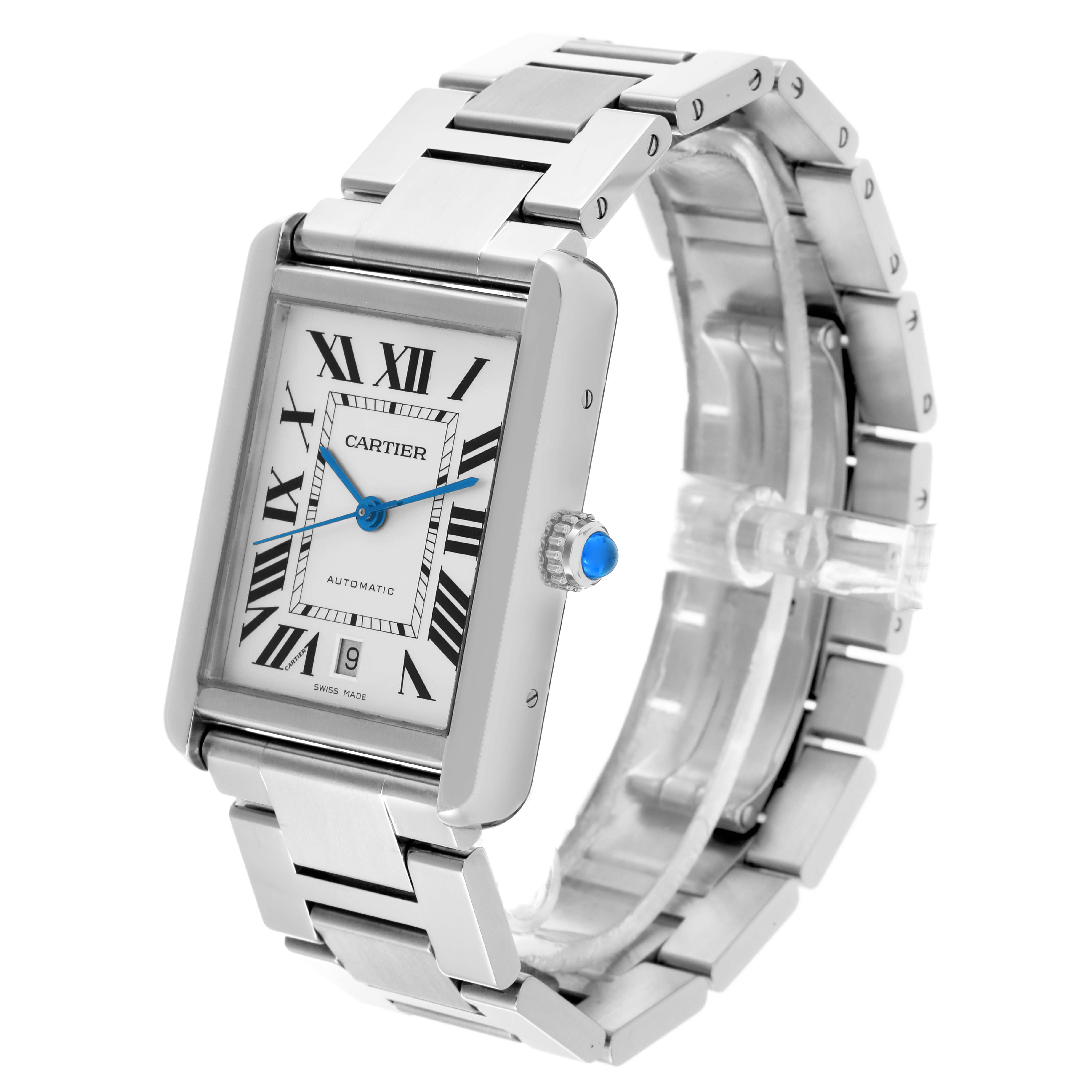 The Cartier Tank Solo W5200028 Men's Stainless Steel Silver Dial W5200028 Men's Stainless Steel Silver Dial watch is shown at an angle highlighting the face, Roman numerals, crown, and metal bracelet.