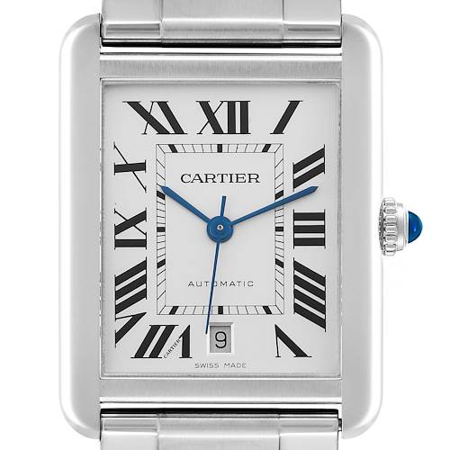 The Cartier Tank Solo watch is shown from the front, highlighting its rectangular face, Roman numerals, blue hands, and metal strap.
