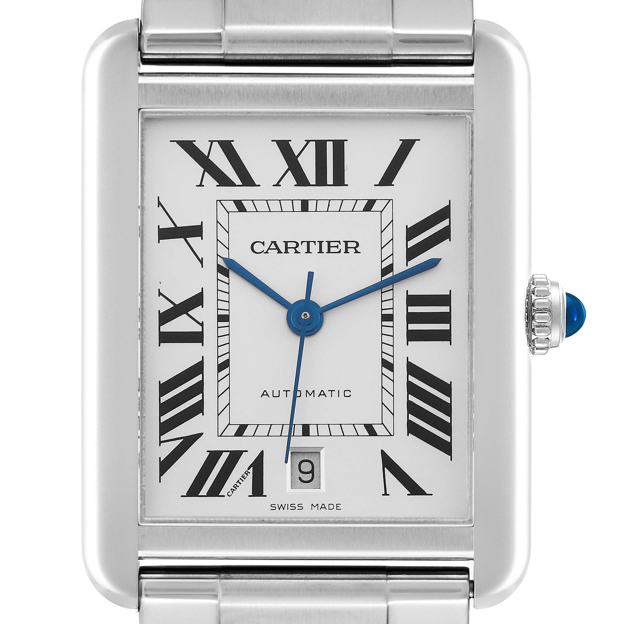 The Cartier Tank Solo W5200028 Men's Stainless Steel Silver Dial W5200028 Men's Stainless Steel Silver Dial watch is shown from the front, highlighting its rectangular face, Roman numerals, and steel casing with a blue cabochon crown.