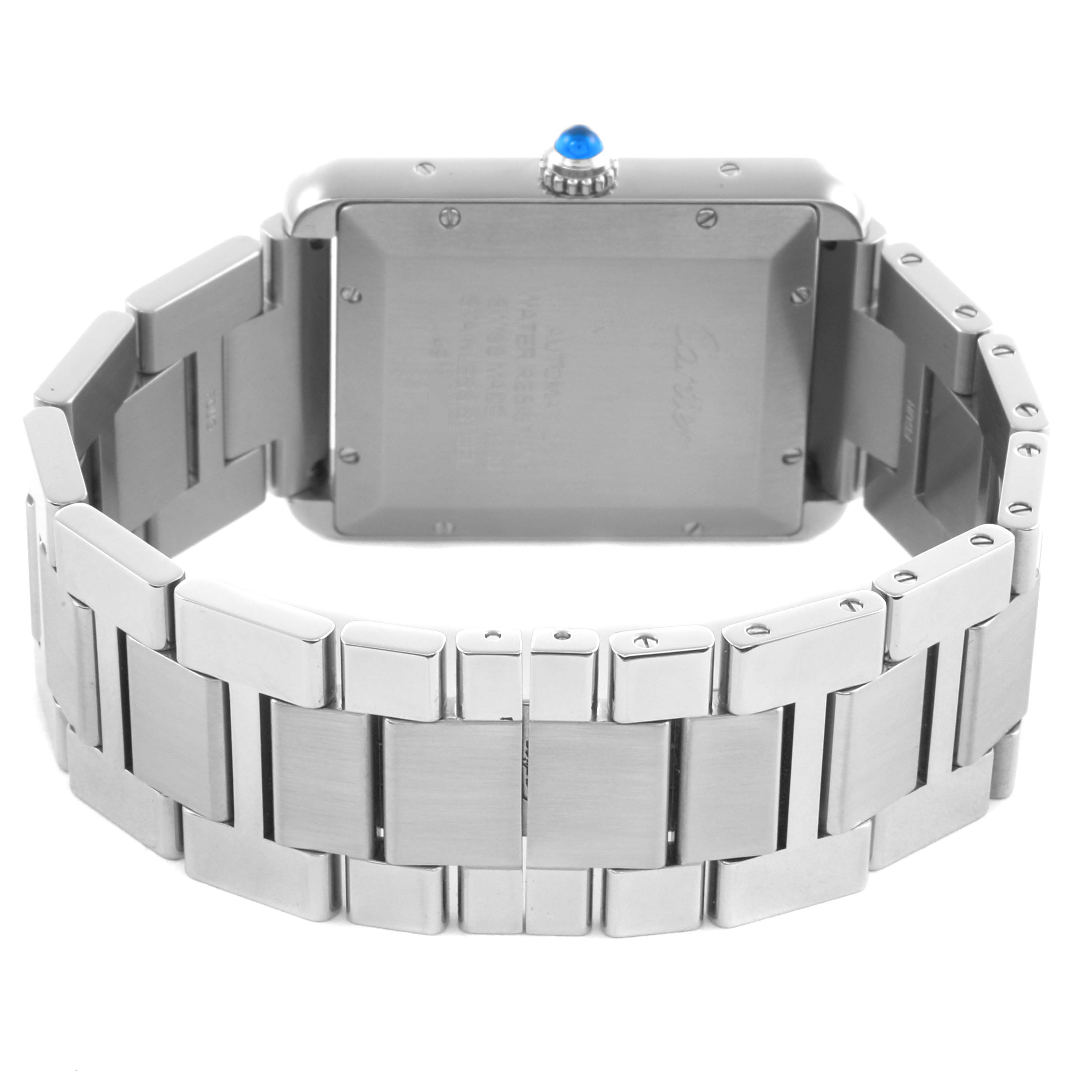The image shows the back of the Cartier Tank Solo W5200028 Men's Stainless Steel Silver Dial W5200028 Men's Stainless Steel Silver Dial watch, highlighting its case, bracelet, and crown with a blue cabochon.