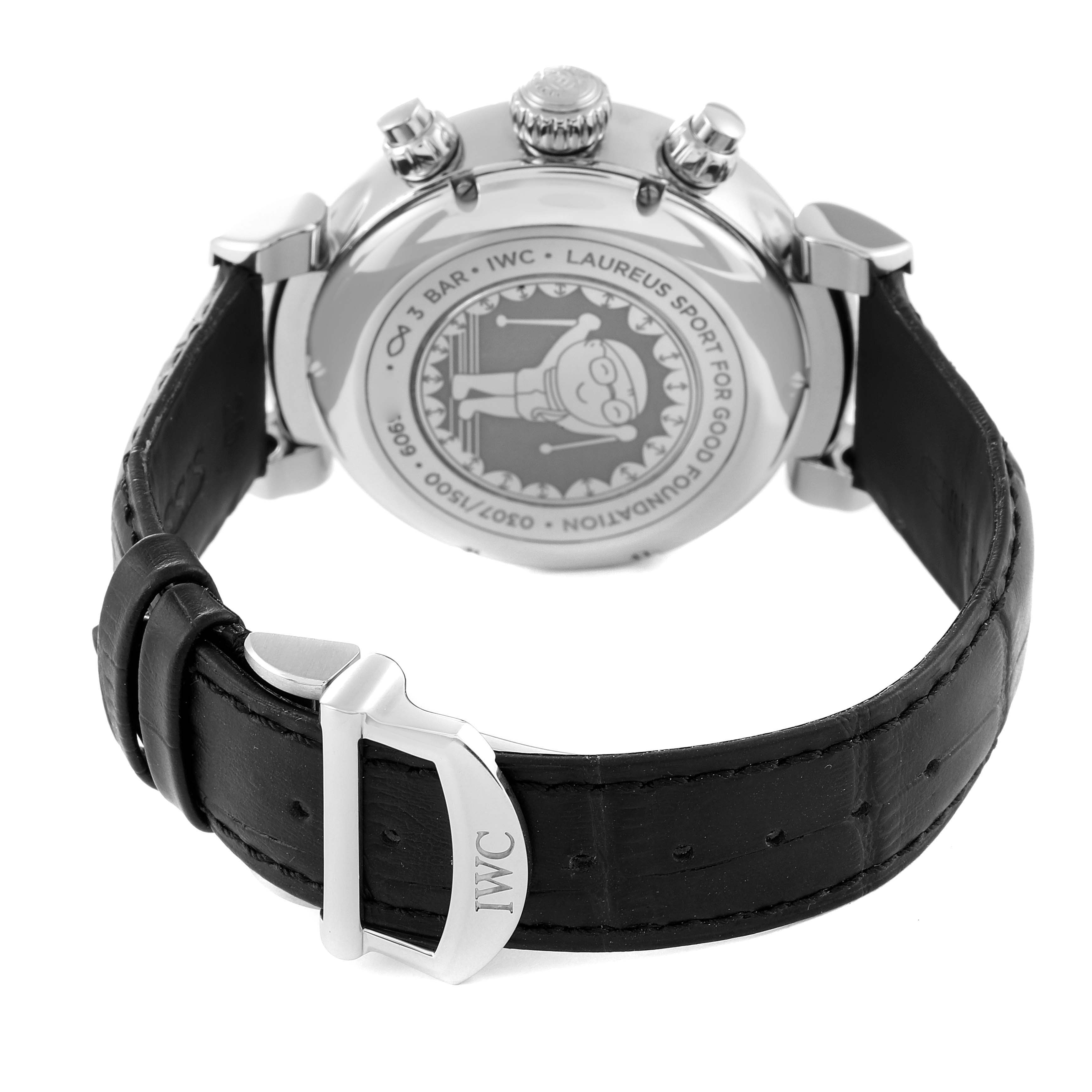 This image shows the back and clasp of an IWC Da Vinci IW393402 Men's Stainless Steel Blue Dial IW393402 Men's Stainless Steel Blue Dial watch from an angled view.