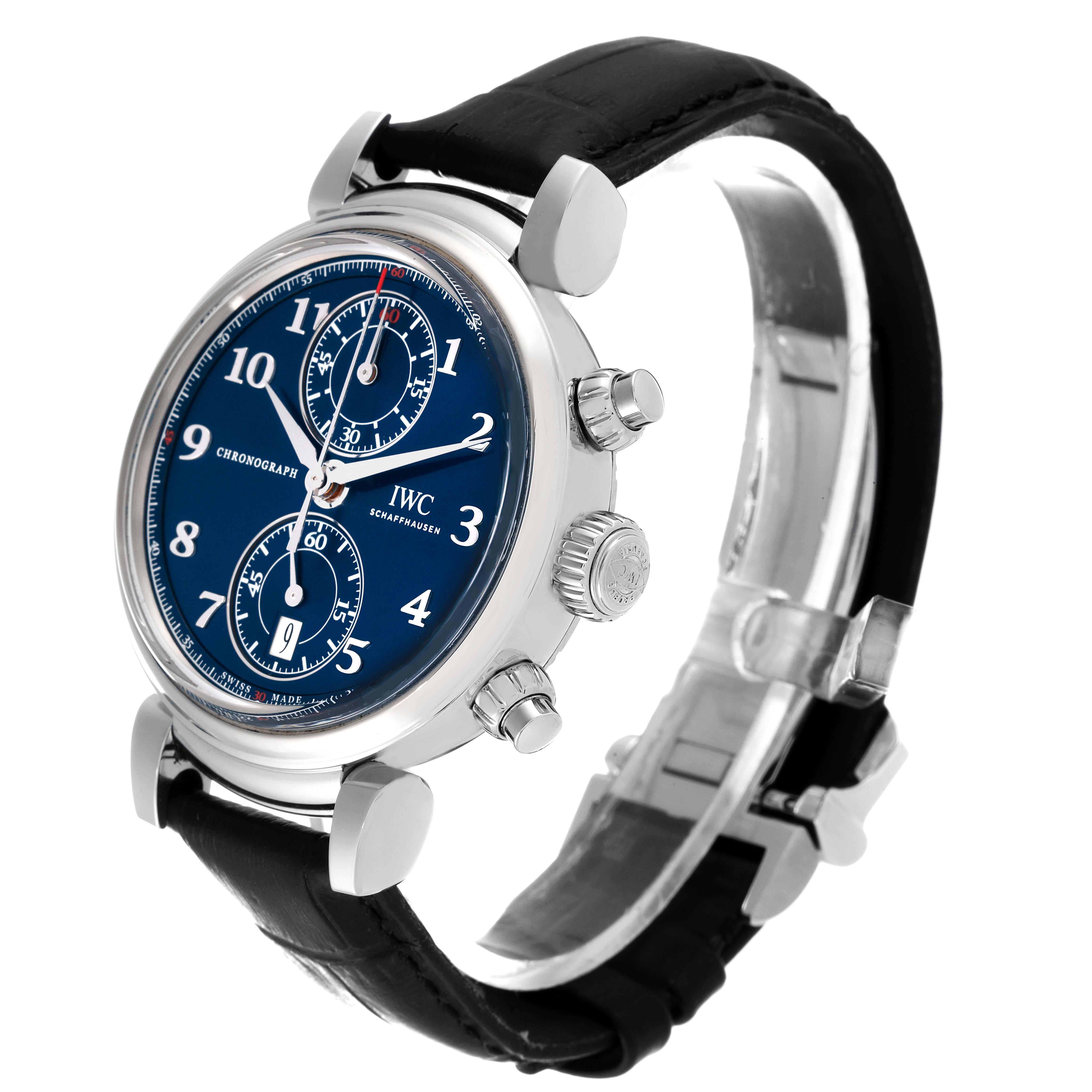 This image shows an IWC Da Vinci IW393402 Men's Stainless Steel Blue Dial IW393402 Men's Stainless Steel Blue Dial model watch from a three-quarter angle, displaying the dial, crown, pushers, and black leather strap.