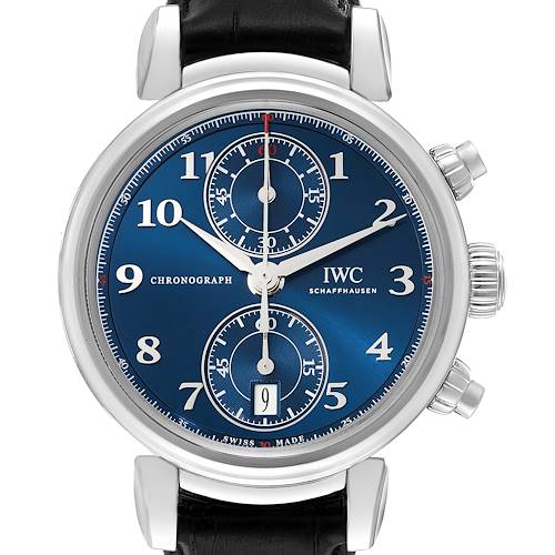 This image shows a frontal view of the IWC Da Vinci chronograph watch, highlighting its blue dial and black leather strap.