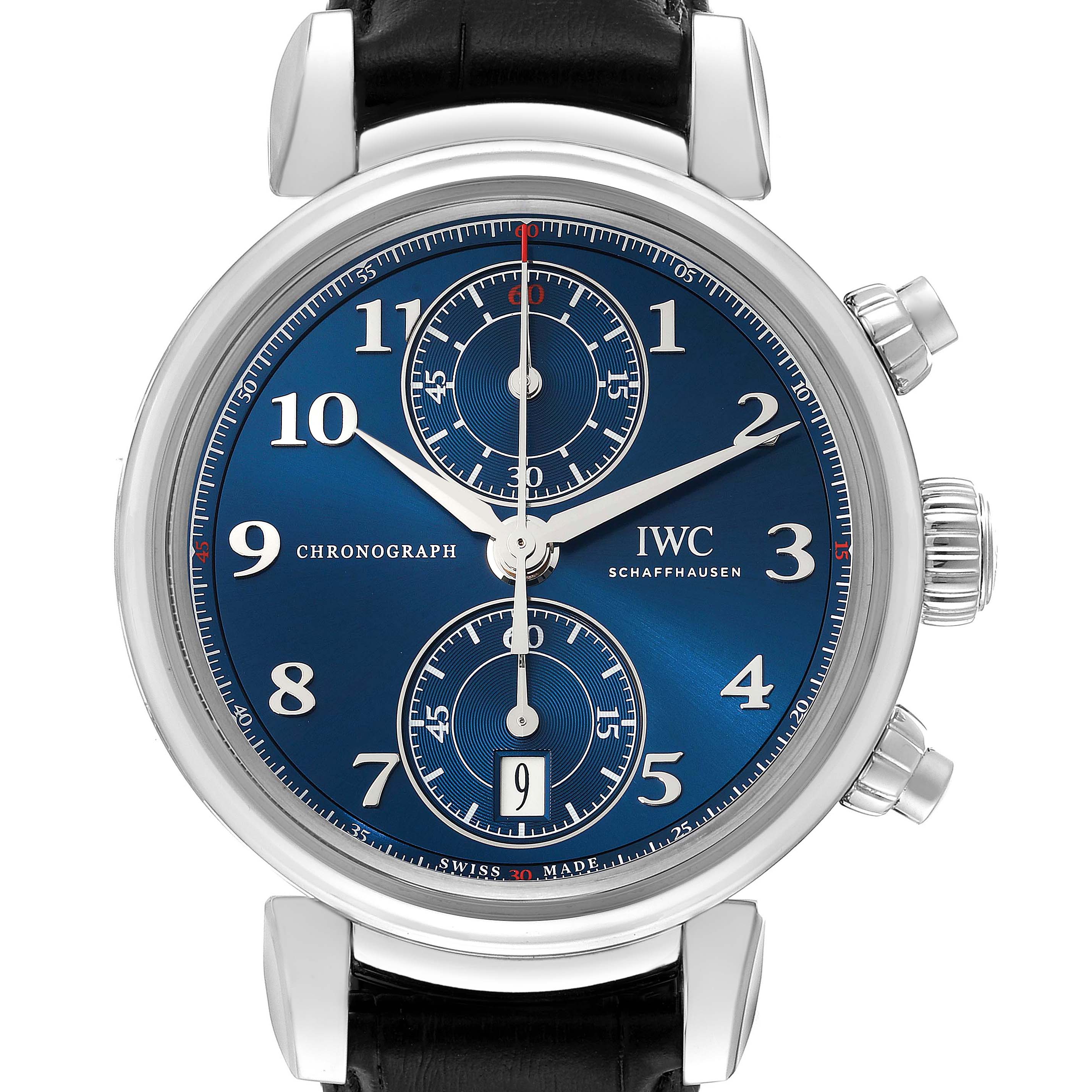 The IWC Da Vinci IW393402 Men's Stainless Steel Blue Dial IW393402 Men's Stainless Steel Blue Dial watch is shown from the front, highlighting its blue dial, chronograph features, and black leather strap.