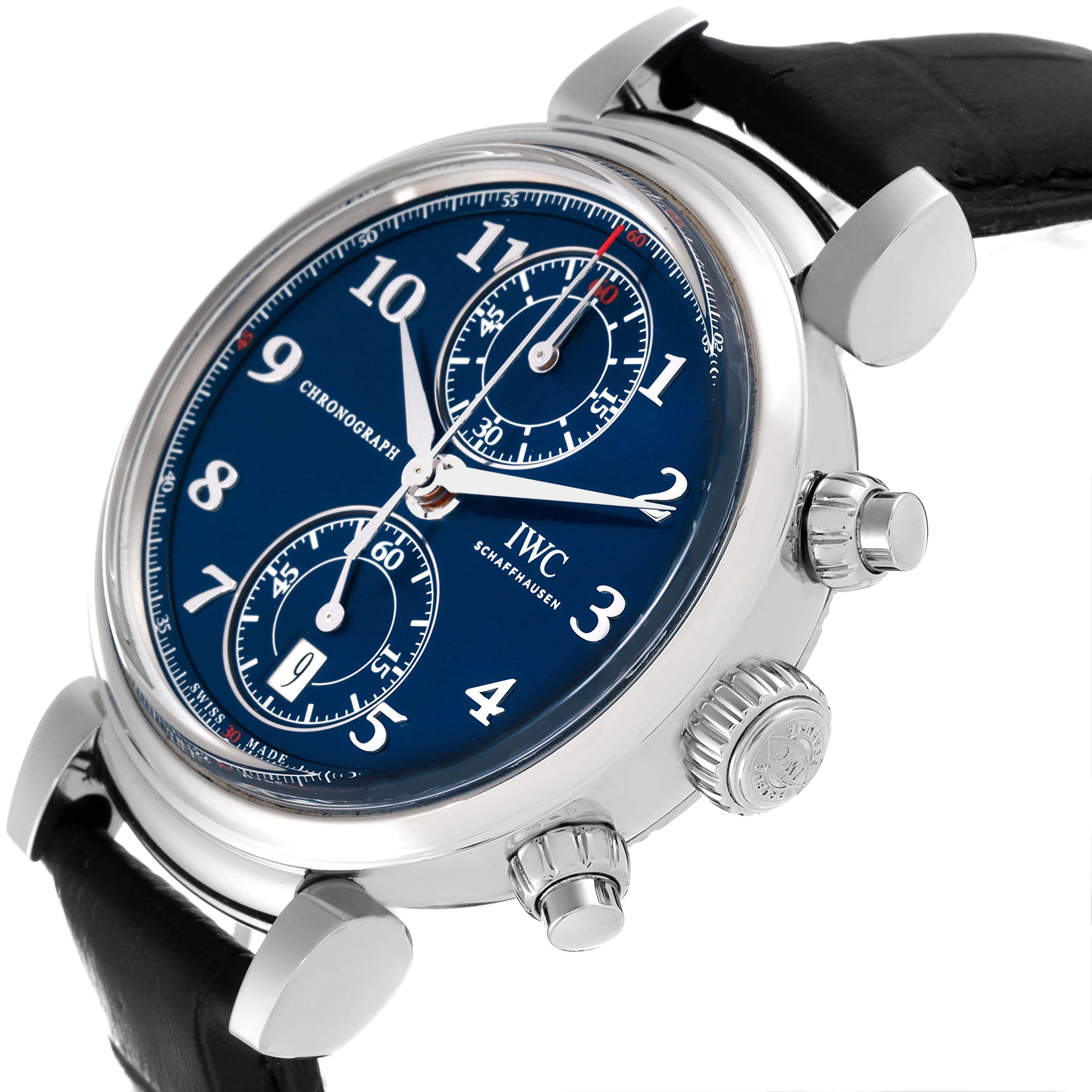 The IWC Da Vinci IW393402 Men's Stainless Steel Blue Dial IW393402 Men's Stainless Steel Blue Dial watch is shown at an angled side view emphasizing the blue dial, chronograph subdials, crown, and pushers.