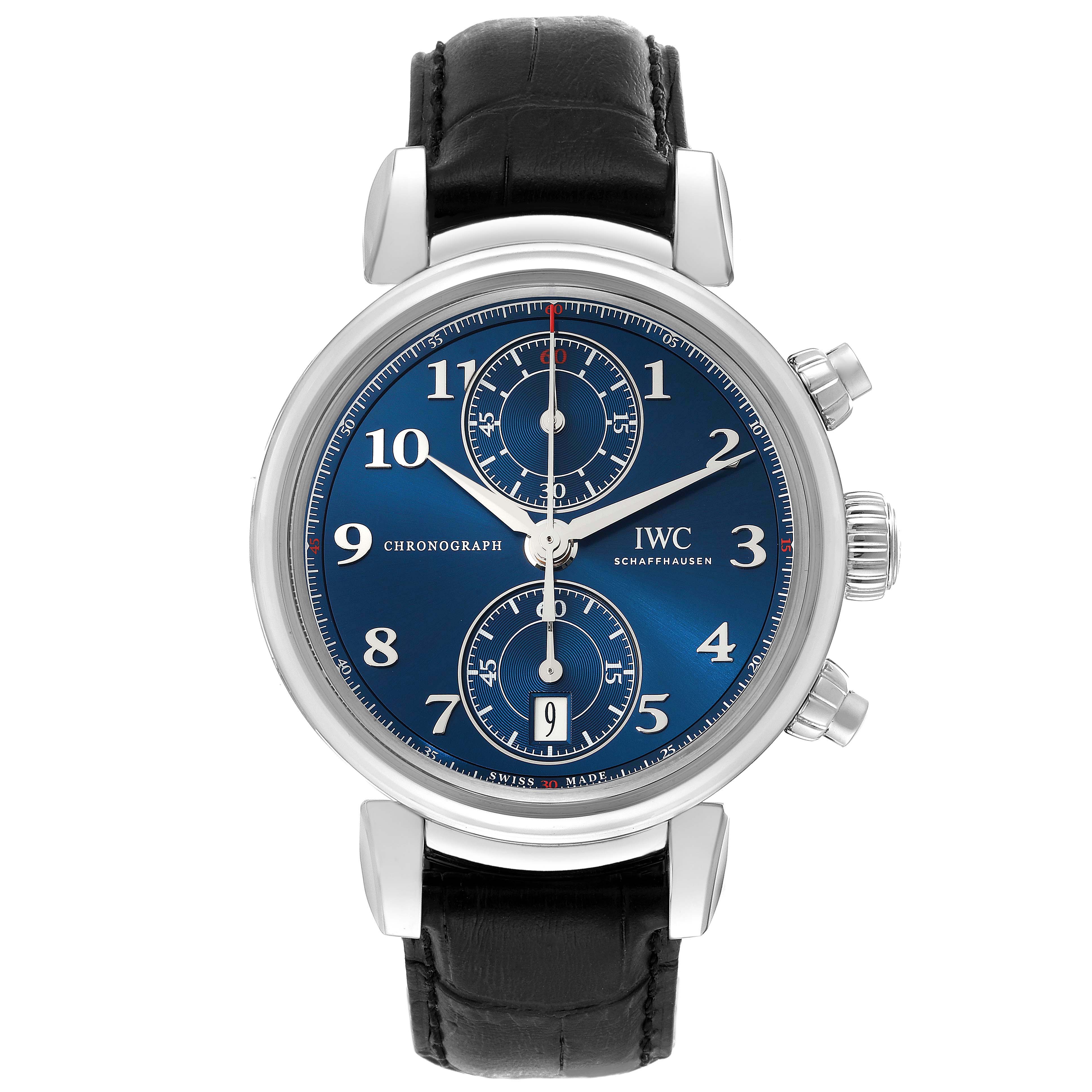 The image shows a direct front view of the IWC Da Vinci IW393402 Men's Stainless Steel Blue Dial IW393402 Men's Stainless Steel Blue Dial watch displaying the blue dial, chronograph subdials, and black leather strap.